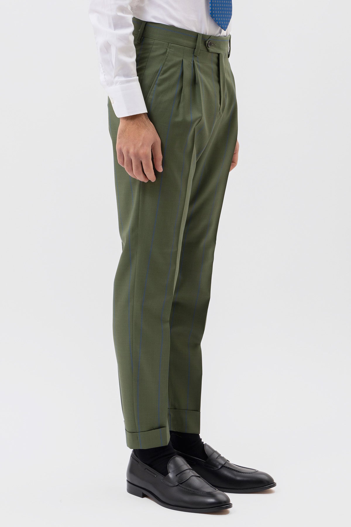 PANTALONE VERDE GESSATO AZZURRO VITA  ALTA UOMO FRESCO LANA SUPER 130'S FORDAM TESSUTI NAPOLI DOPPIA PINCES E RISVOLTO 5CM