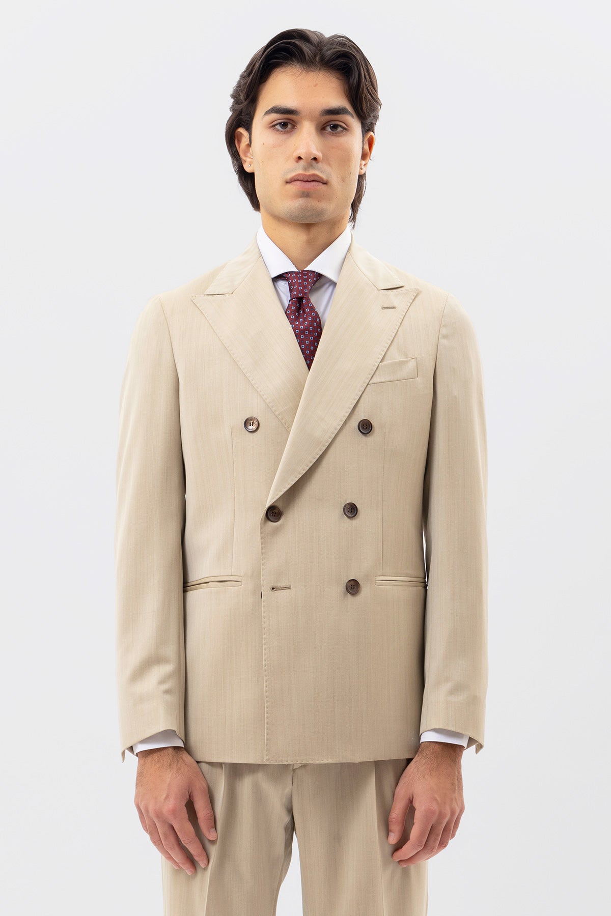Giacca Doppiopetto Beige Solaro Uomo Fresco Lana Bristol Tessuti Napoli Rever A Lancia Tasche A Filo
