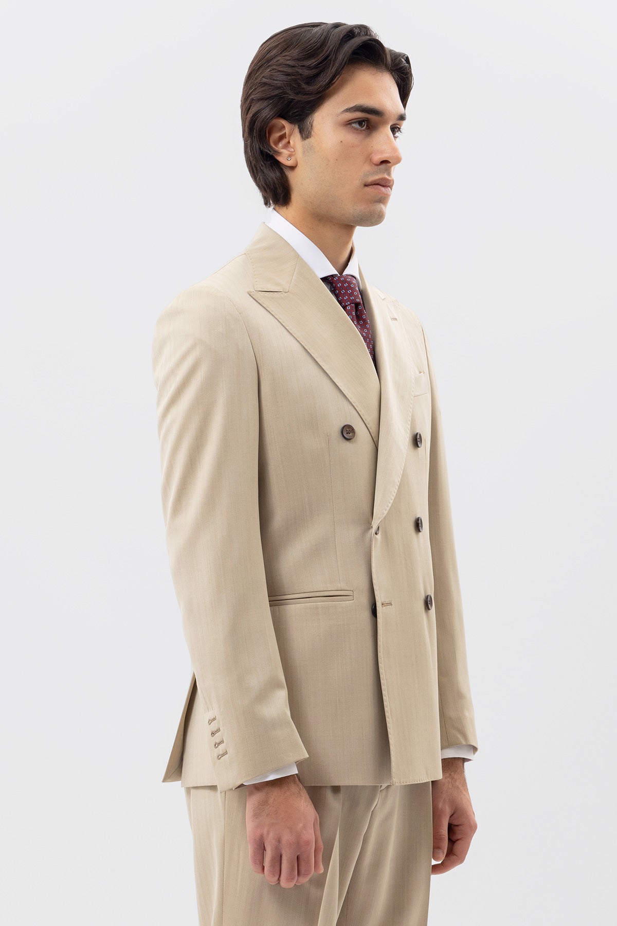Giacca Doppiopetto Beige Solaro Uomo Fresco Lana Bristol Tessuti Napoli Rever A Lancia Tasche A Filo