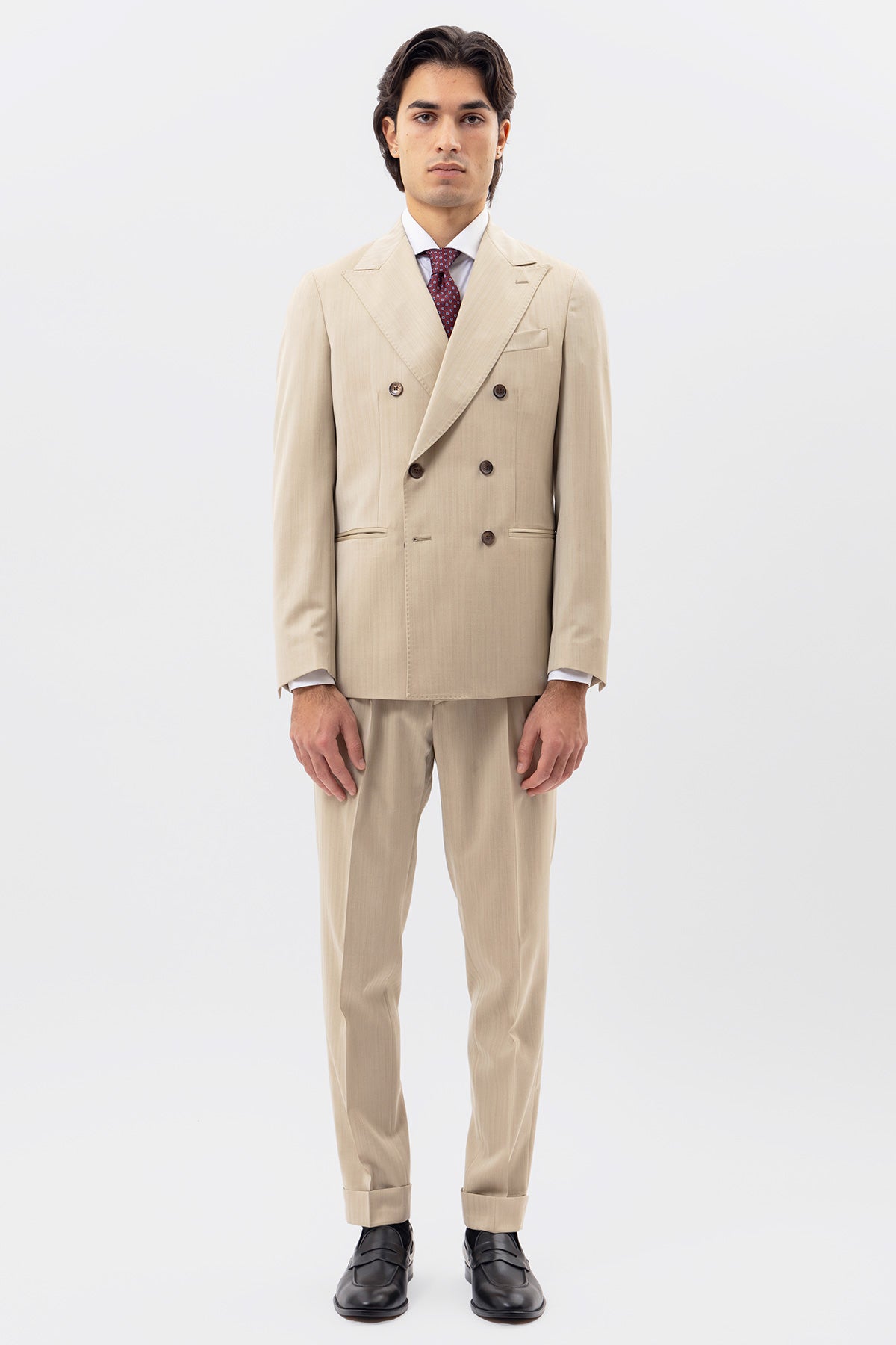 Giacca Doppiopetto Beige Solaro Uomo Fresco Lana Bristol Tessuti Napoli Rever A Lancia Tasche A Filo