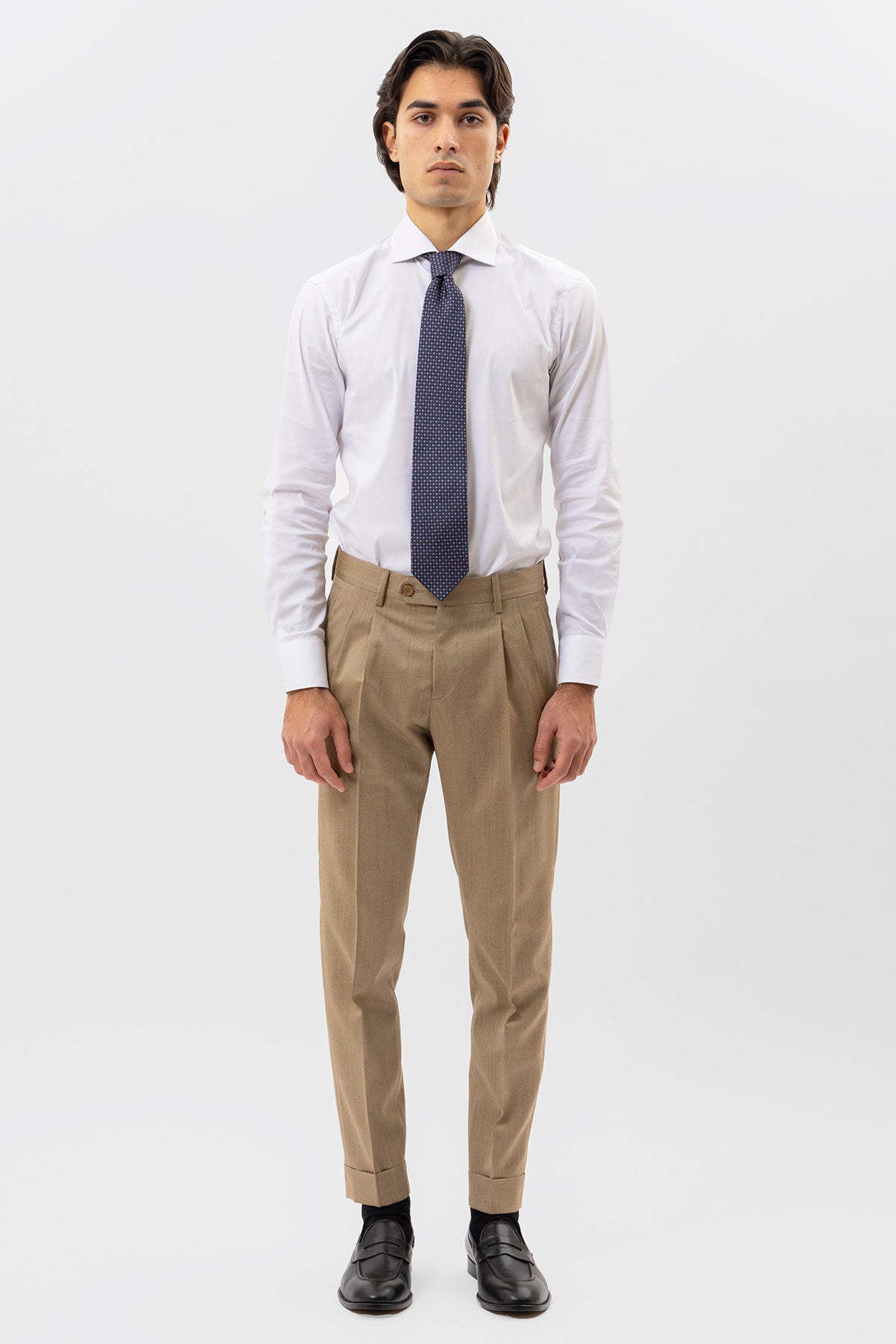 PANTALONE BEIGE SOLARO VITA  ALTA UOMO IN FRESCO LANA VITALE BARBERIS CANONICO CON FIBBIE LATERALI E RISVOLTO 5CM .
