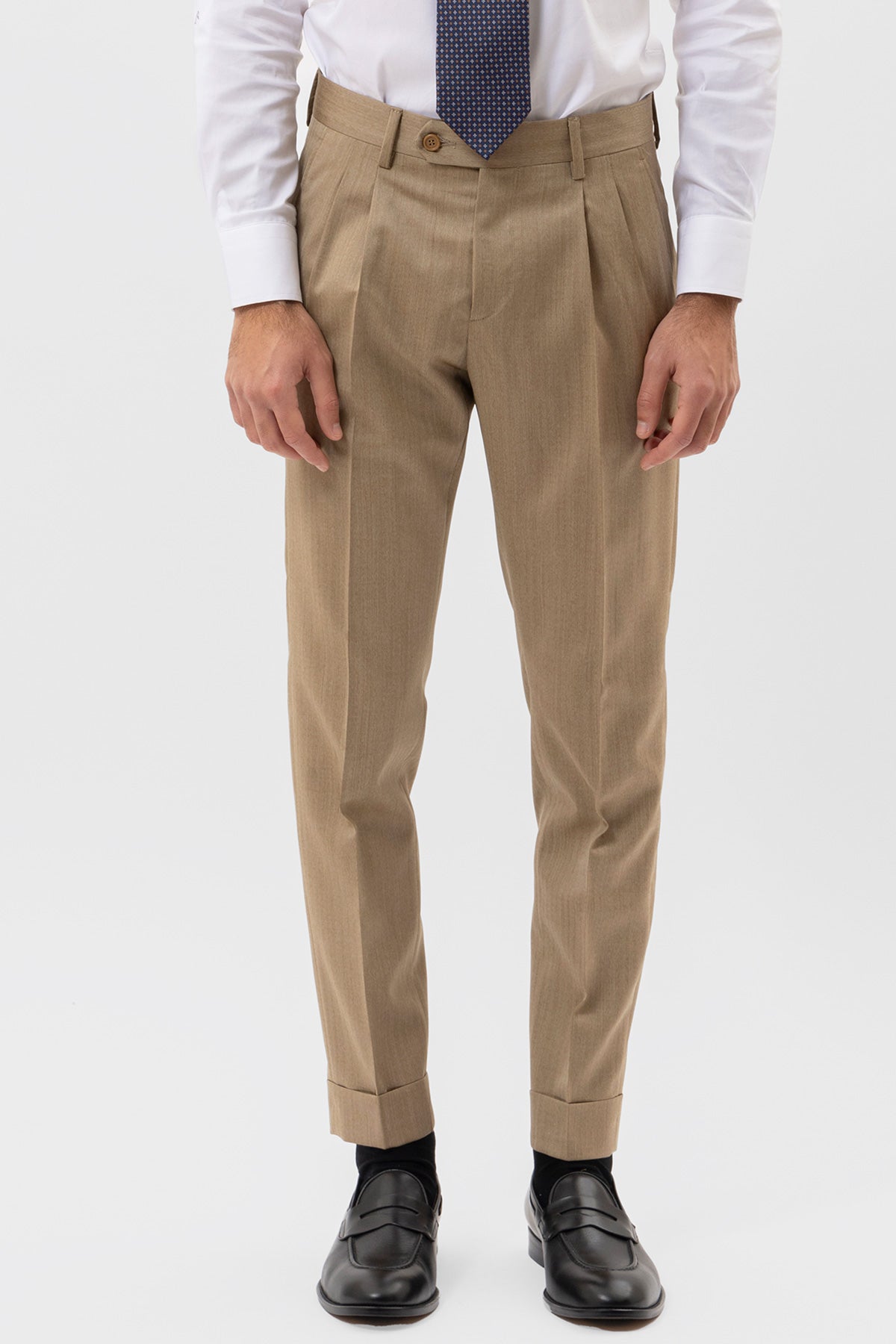 PANTALONE BEIGE SOLARO VITA  ALTA UOMO IN FRESCO LANA VITALE BARBERIS CANONICO CON FIBBIE LATERALI E RISVOLTO 5CM .