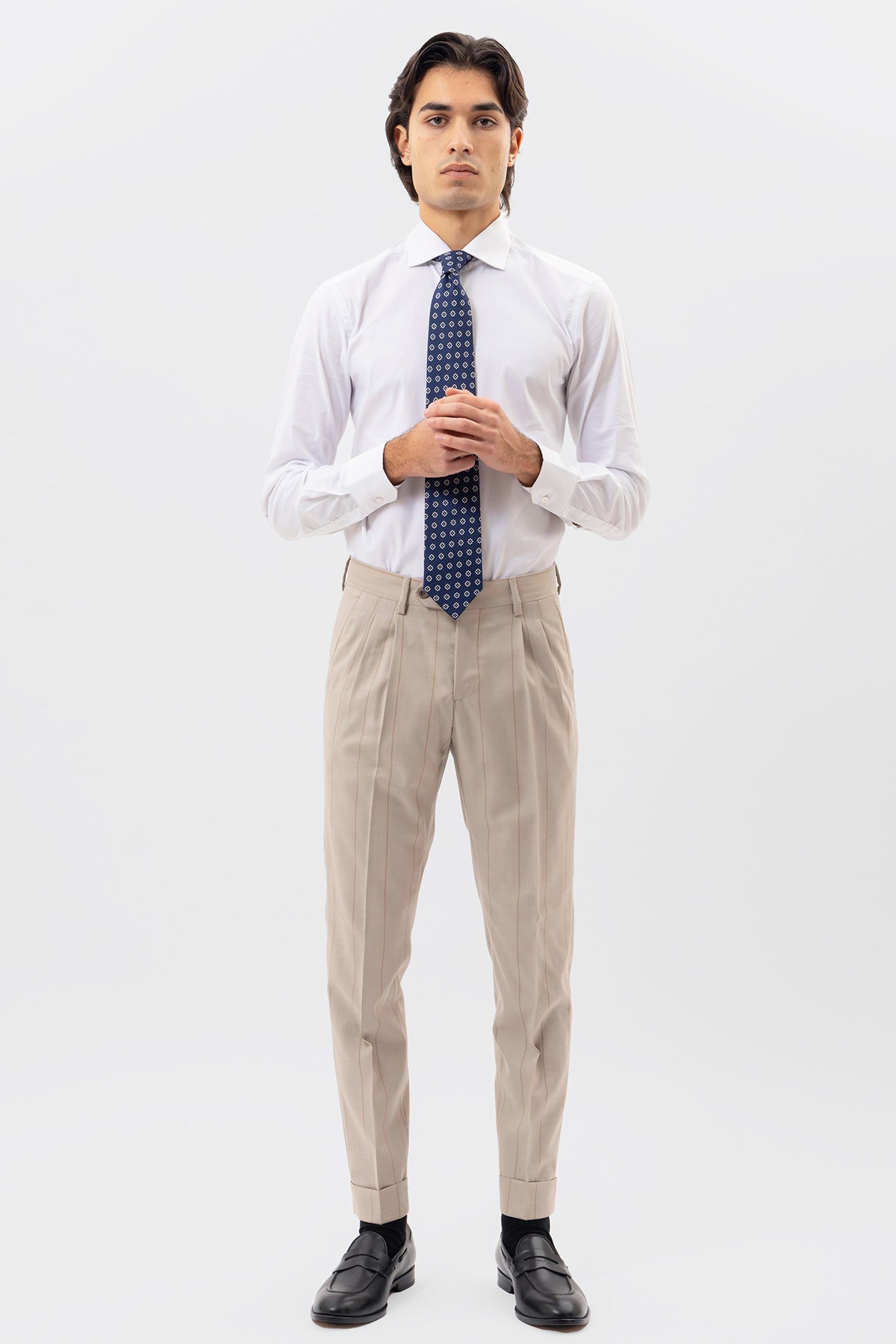 PANTALONE BEIGE GESSATO FANGO VITA  ALTA UOMO FRESCO LANA SUPER 130'S FORDAM TESSUTI NAPOLI DOPPIA PINCES E RISVOLTO 5CM