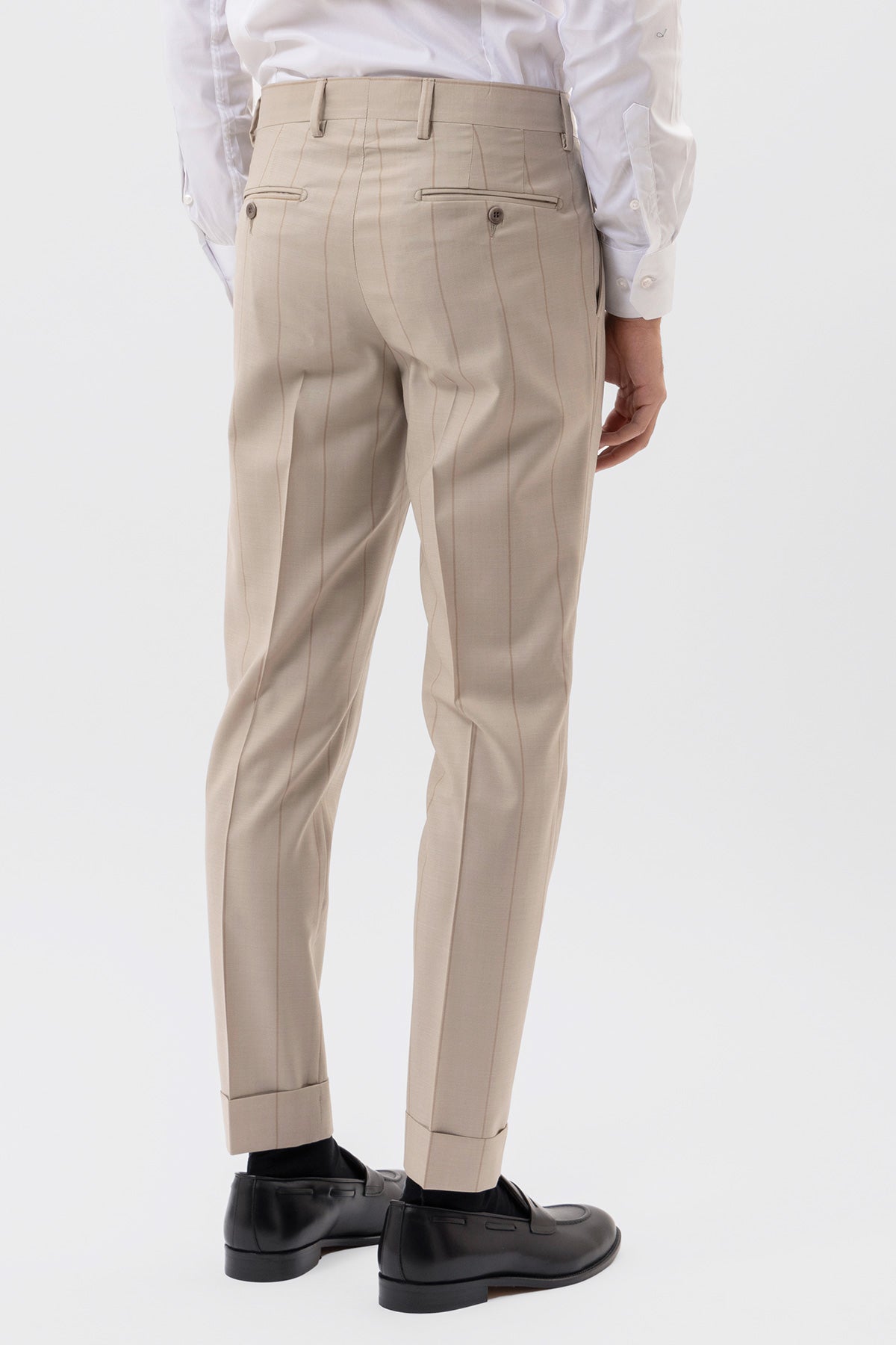 PANTALONE BEIGE GESSATO FANGO VITA  ALTA UOMO FRESCO LANA SUPER 130'S FORDAM TESSUTI NAPOLI DOPPIA PINCES E RISVOLTO 5CM