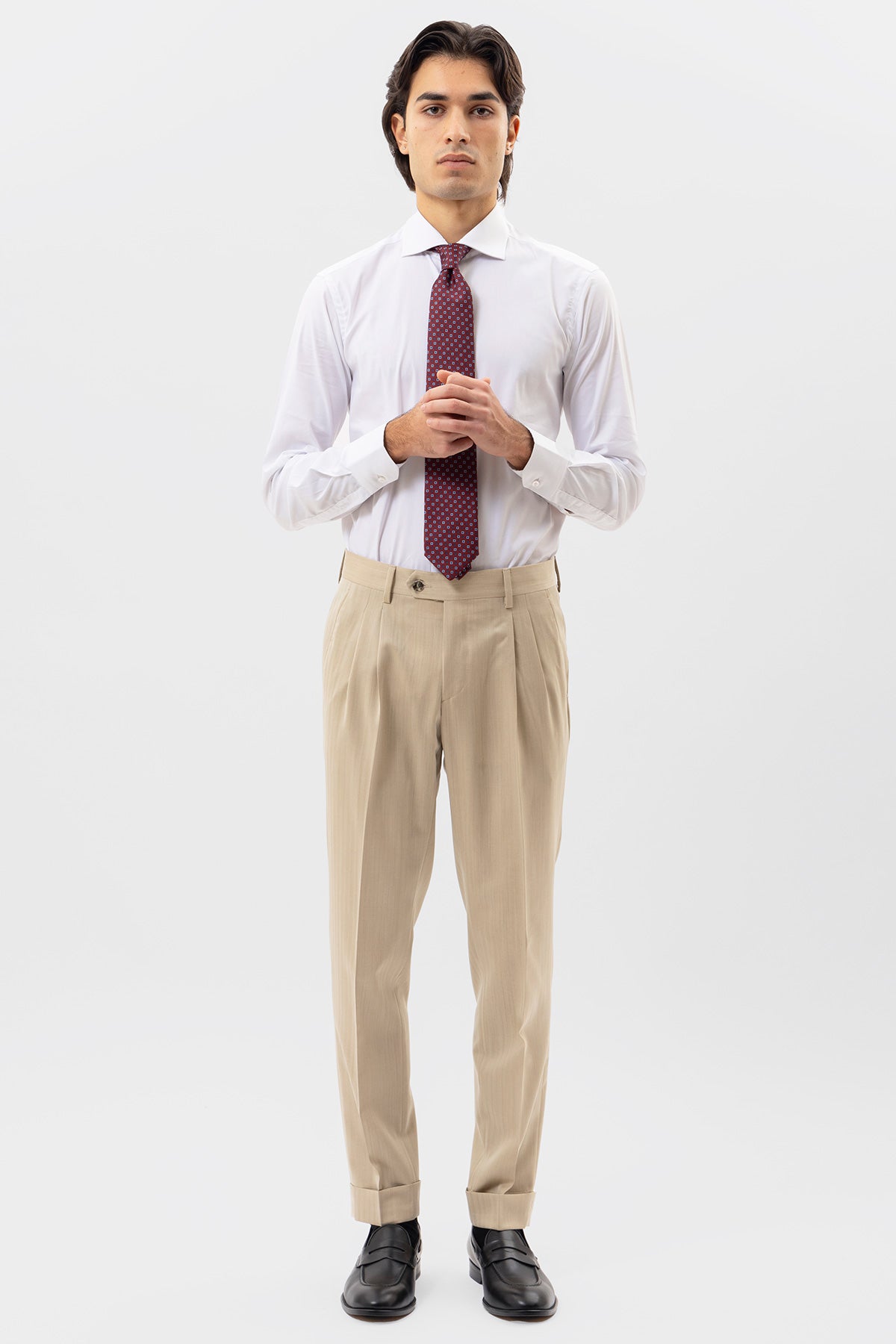 PANTALONE BEIGE SOLARO VITA  ALTA UOMO IN FRESCO LANA  BRISTOL TESSUTI NAPOLI CON DOPPIA PINCES E RISVOLTO 5CM