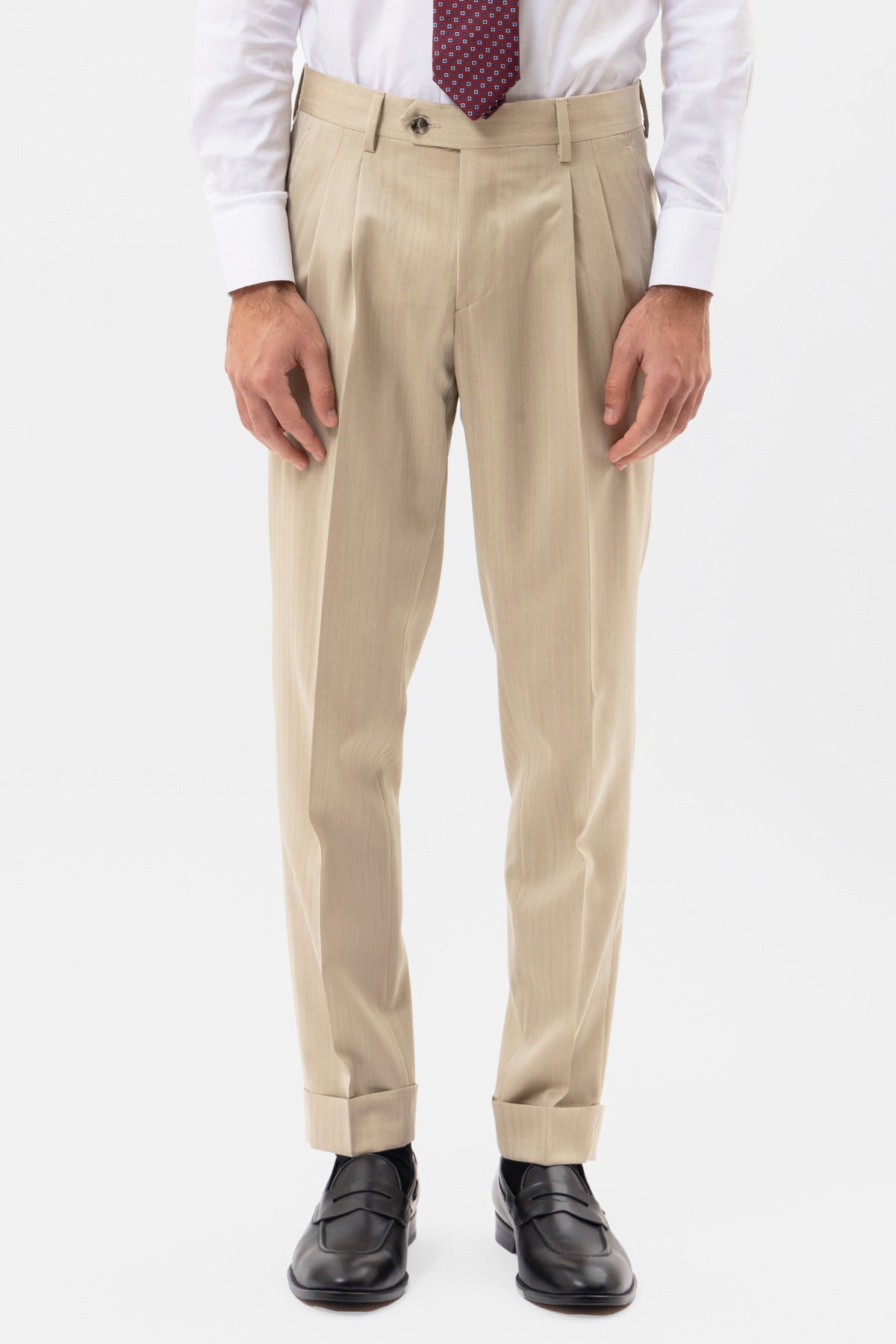 PANTALONE BEIGE SOLARO VITA  ALTA UOMO IN FRESCO LANA  BRISTOL TESSUTI NAPOLI CON DOPPIA PINCES E RISVOLTO 5CM