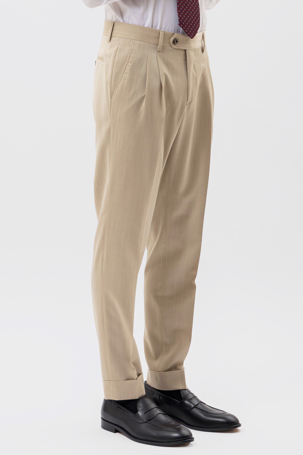 PANTALONE BEIGE SOLARO VITA  ALTA UOMO IN FRESCO LANA  BRISTOL TESSUTI NAPOLI CON DOPPIA PINCES E RISVOLTO 5CM