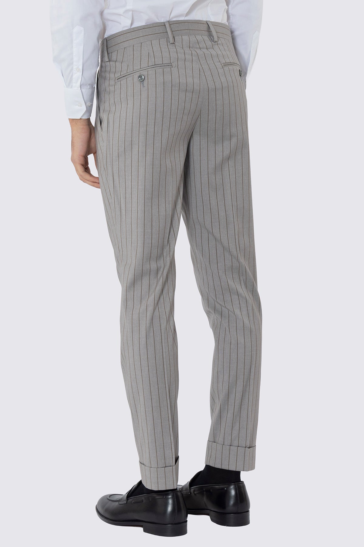 PANTALONE VITA  ALTA BEIGE GESSATO MARRONE UOMO DOPPIA PINCES E RISVOLTO 5 CM