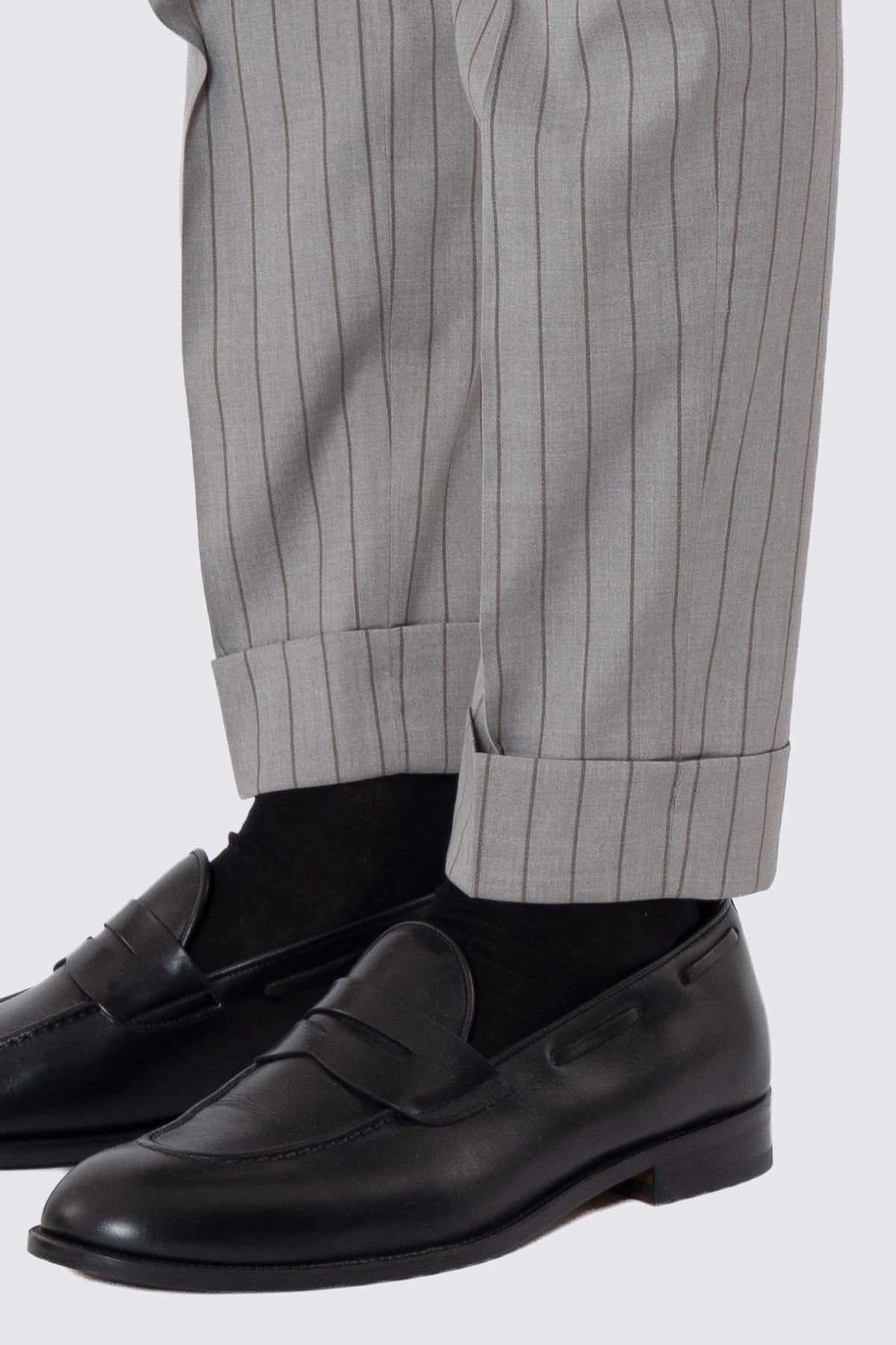PANTALONE VITA  ALTA BEIGE GESSATO MARRONE UOMO DOPPIA PINCES E RISVOLTO 5 CM