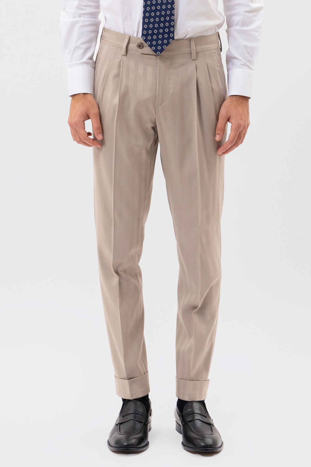 Abito Uomo Doppiopetto Beige Rigata Rever A Lancia 13cm Tasche A Filo