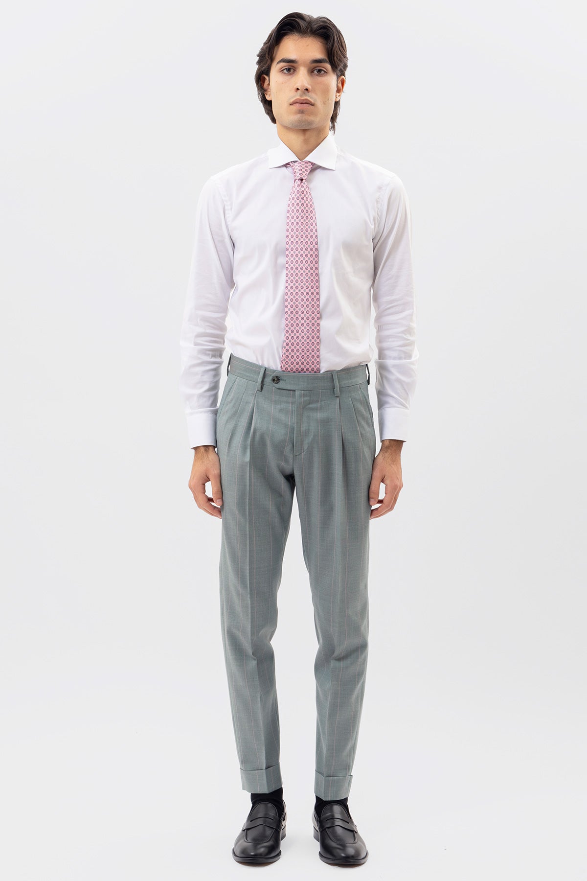 PANTALONE VERDE GESSATO ROSA VITA  ALTA UOMO FRESCO LANA SUPER 130'S BRISTOL TESSUTI NAPOLI DOPPIA PINCES E RISVOLTO 5CM