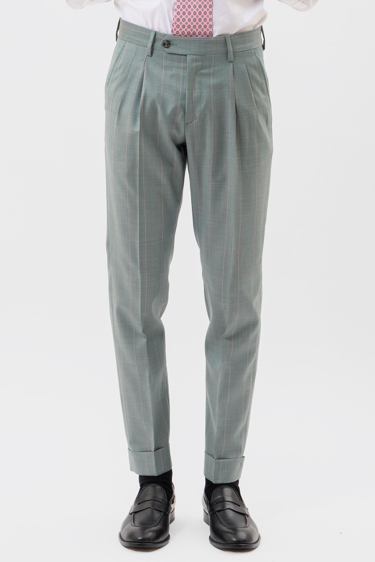 PANTALONE VERDE GESSATO ROSA VITA  ALTA UOMO FRESCO LANA SUPER 130'S BRISTOL TESSUTI NAPOLI DOPPIA PINCES E RISVOLTO 5CM
