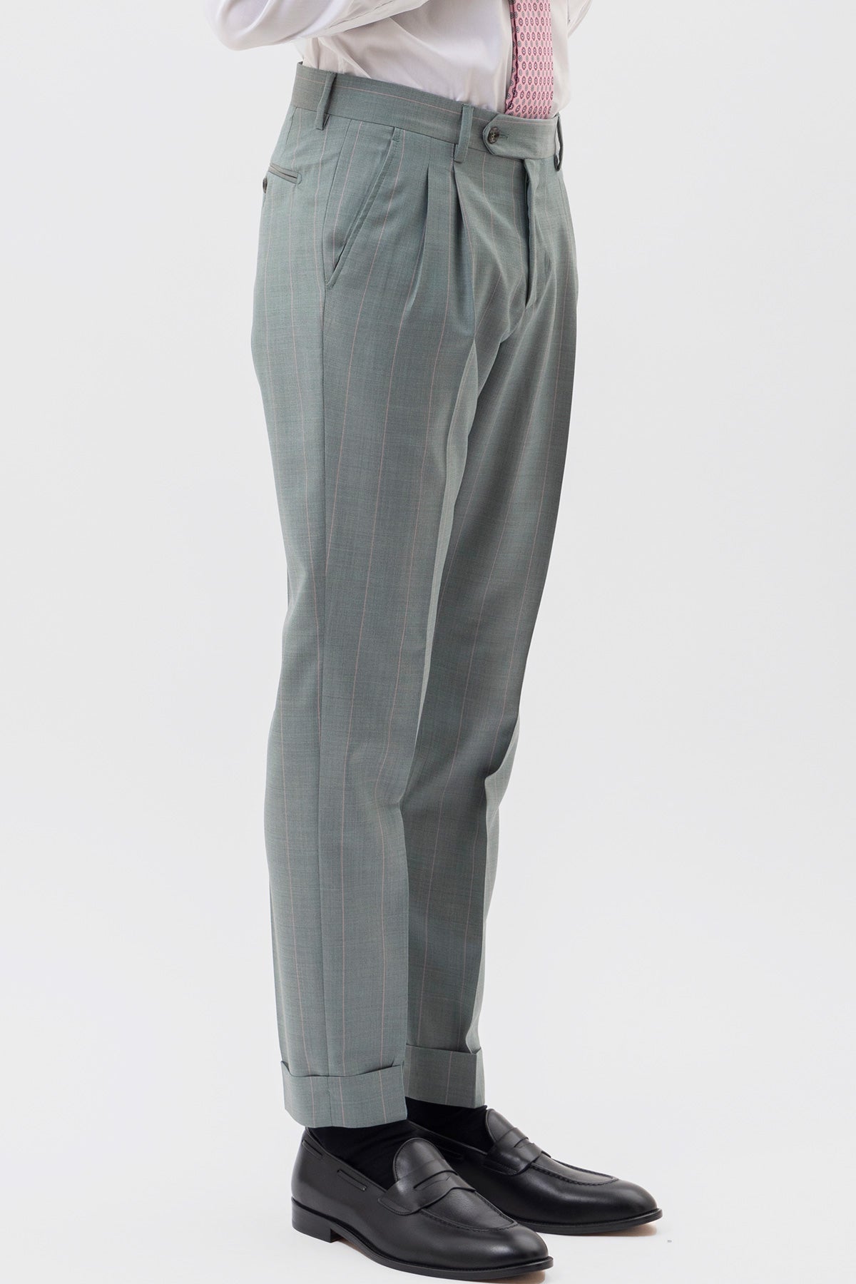 PANTALONE VERDE GESSATO ROSA VITA  ALTA UOMO FRESCO LANA SUPER 130'S BRISTOL TESSUTI NAPOLI DOPPIA PINCES E RISVOLTO 5CM