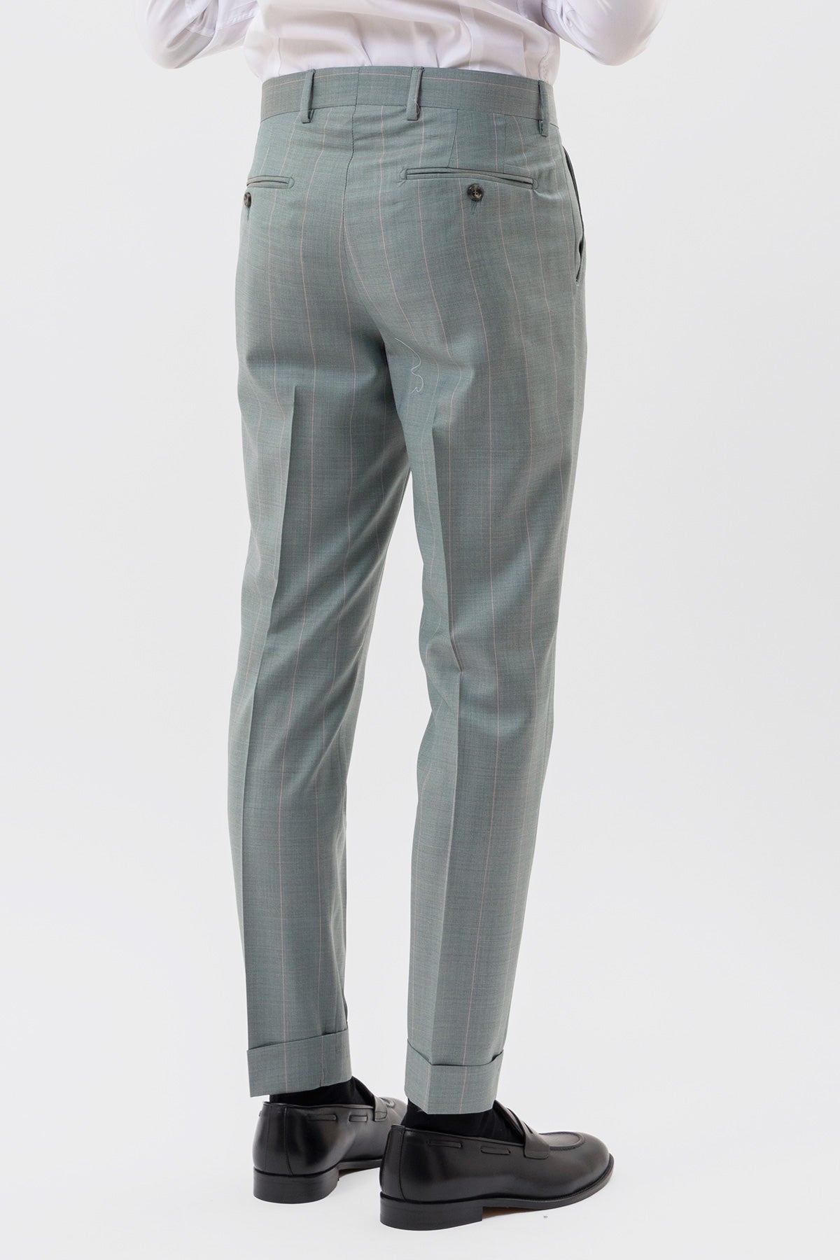 PANTALONE VERDE GESSATO ROSA VITA  ALTA UOMO FRESCO LANA SUPER 130'S BRISTOL TESSUTI NAPOLI DOPPIA PINCES E RISVOLTO 5CM