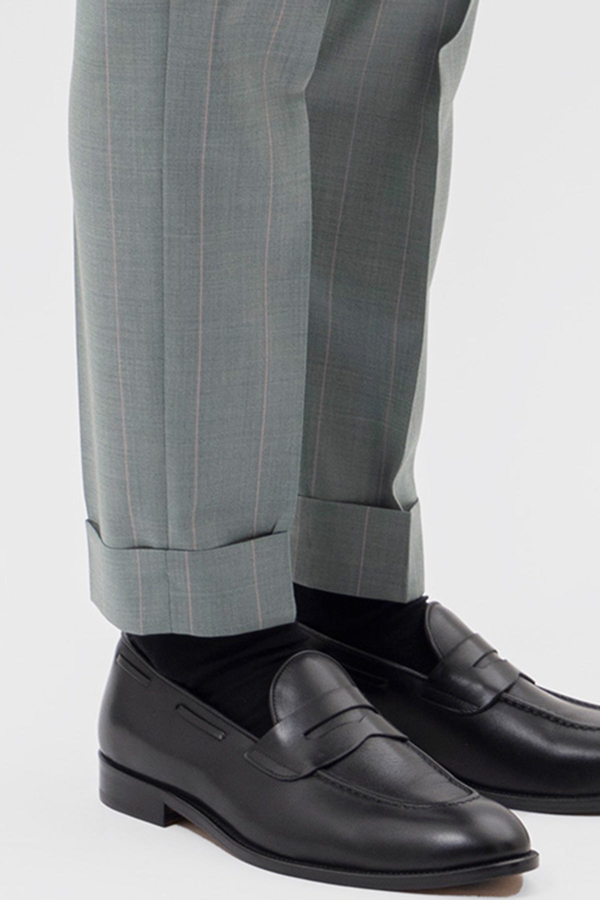PANTALONE VERDE GESSATO ROSA VITA  ALTA UOMO FRESCO LANA SUPER 130'S BRISTOL TESSUTI NAPOLI DOPPIA PINCES E RISVOLTO 5CM