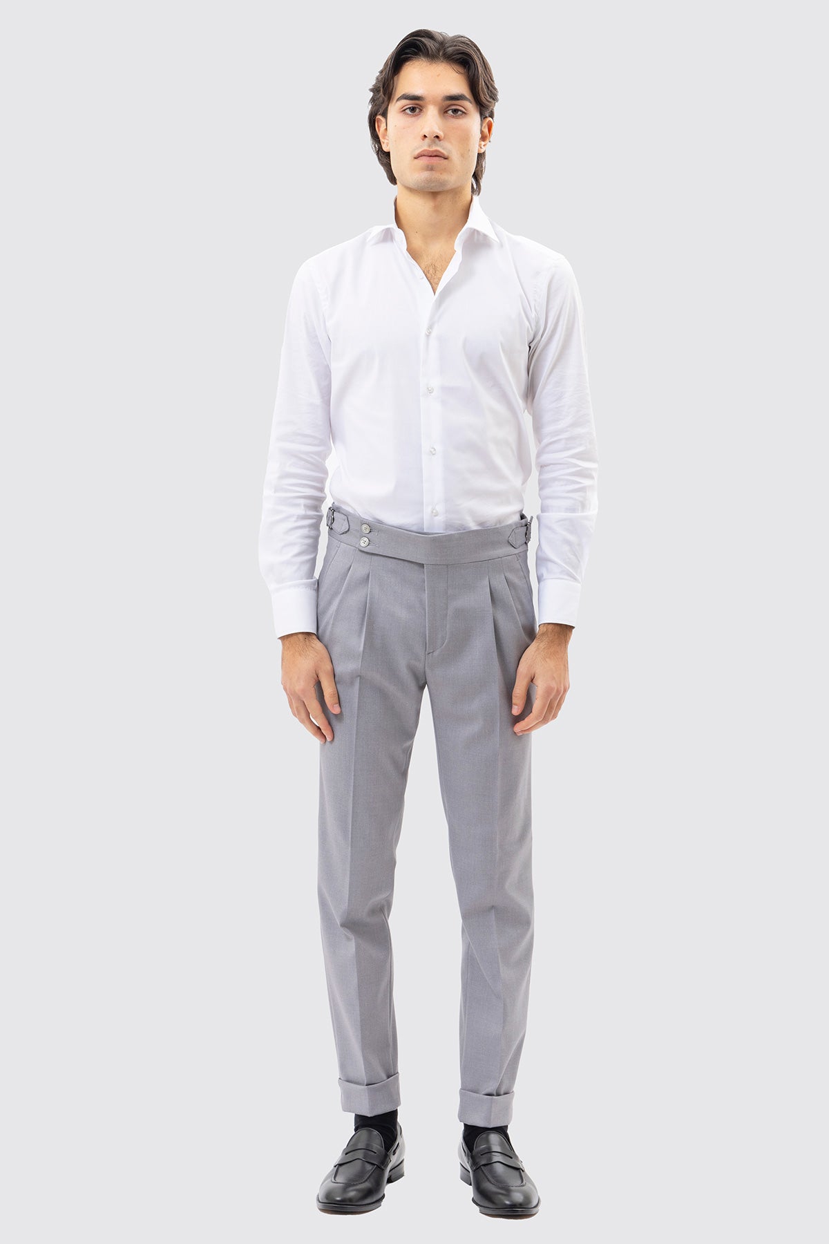 PANTALONE GRIGIO CHIARO VITA  ALTA CON FIBBIE UOMO EFFETTO LANA DOPPIA PINCES FIBBIE LATERALI E RISVOLTO 5CM