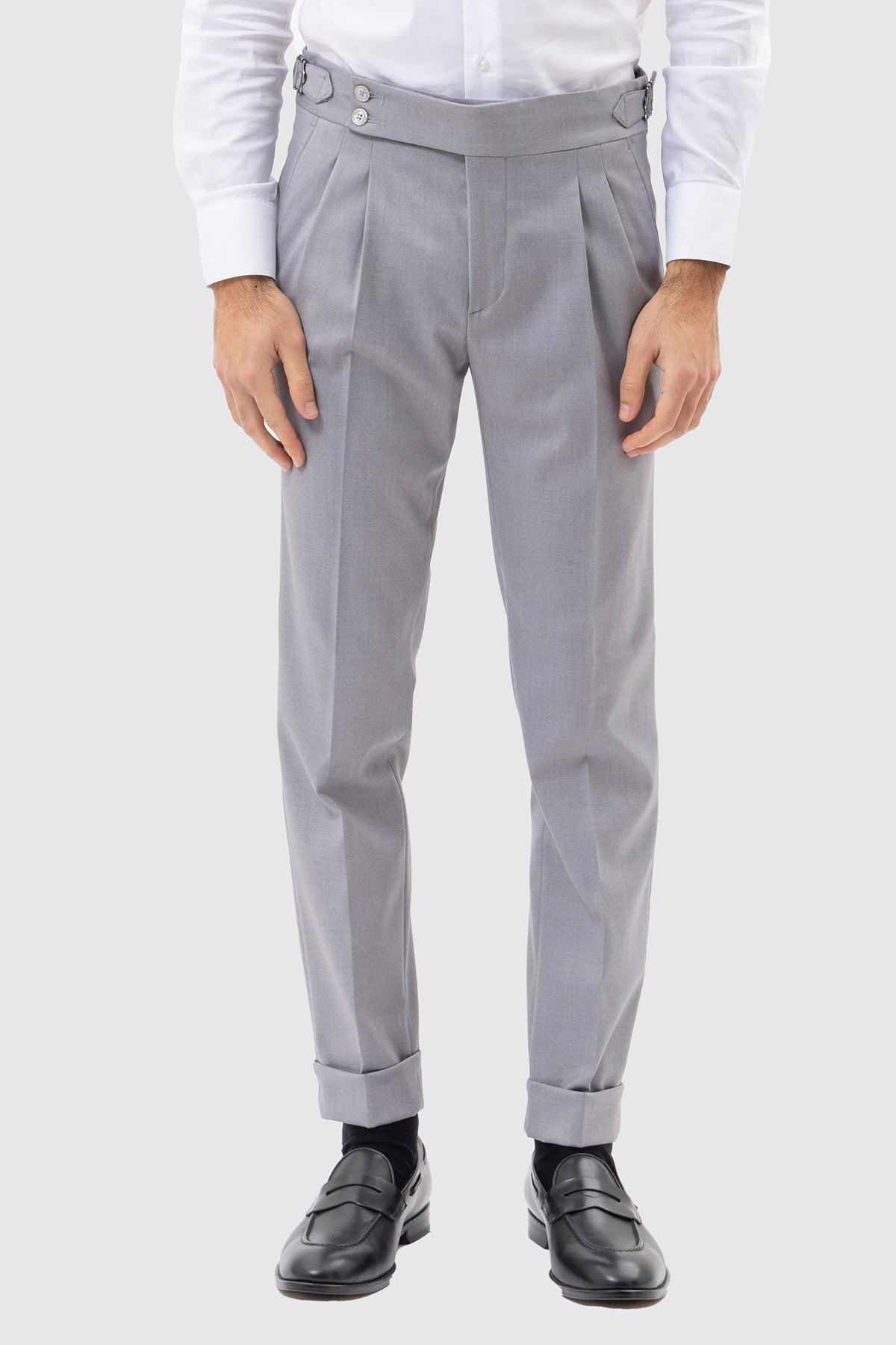 PANTALONE GRIGIO CHIARO VITA  ALTA CON FIBBIE UOMO EFFETTO LANA DOPPIA PINCES FIBBIE LATERALI E RISVOLTO 5CM