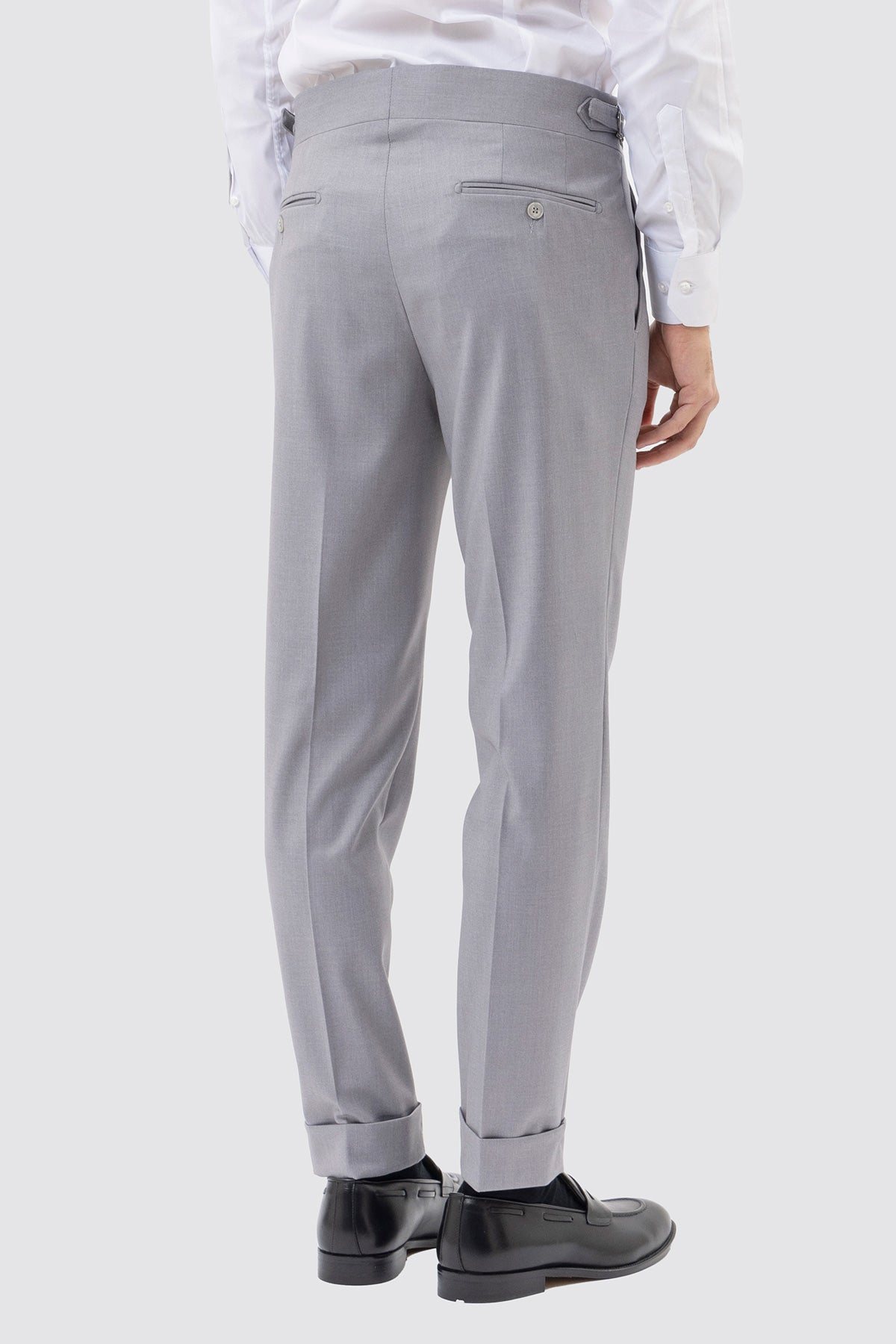 PANTALONE GRIGIO CHIARO VITA  ALTA CON FIBBIE UOMO EFFETTO LANA DOPPIA PINCES FIBBIE LATERALI E RISVOLTO 5CM