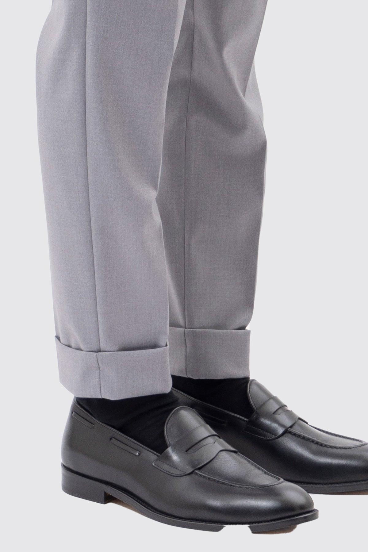 PANTALONE GRIGIO CHIARO VITA  ALTA CON FIBBIE UOMO EFFETTO LANA DOPPIA PINCES FIBBIE LATERALI E RISVOLTO 5CM