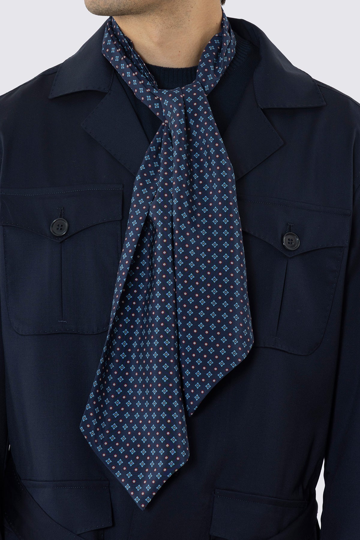ASCOT DA UOMO BLU FANTASIA FIORI MULTICOLOR CELESTI ROSSI IN PURA SETA FATTI A MANO