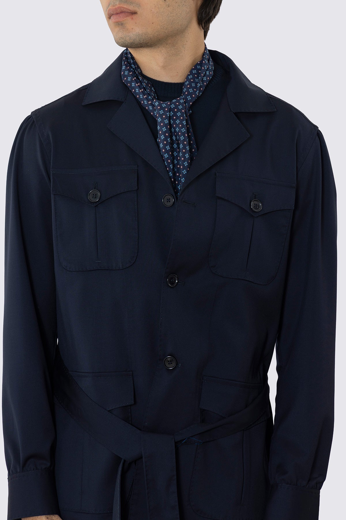 ASCOT DA UOMO BLU FANTASIA FIORI MULTICOLOR CELESTI ROSSI IN PURA SETA FATTI A MANO