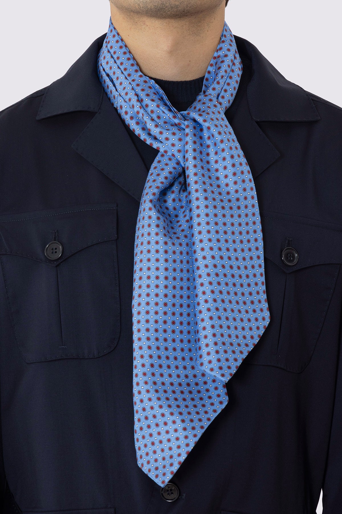 ASCOT DA UOMO CELESTE FANTASIA FIORI MULTICOLOR ROSSI E BIANCHI IN PURA SETA FATTI A MANO