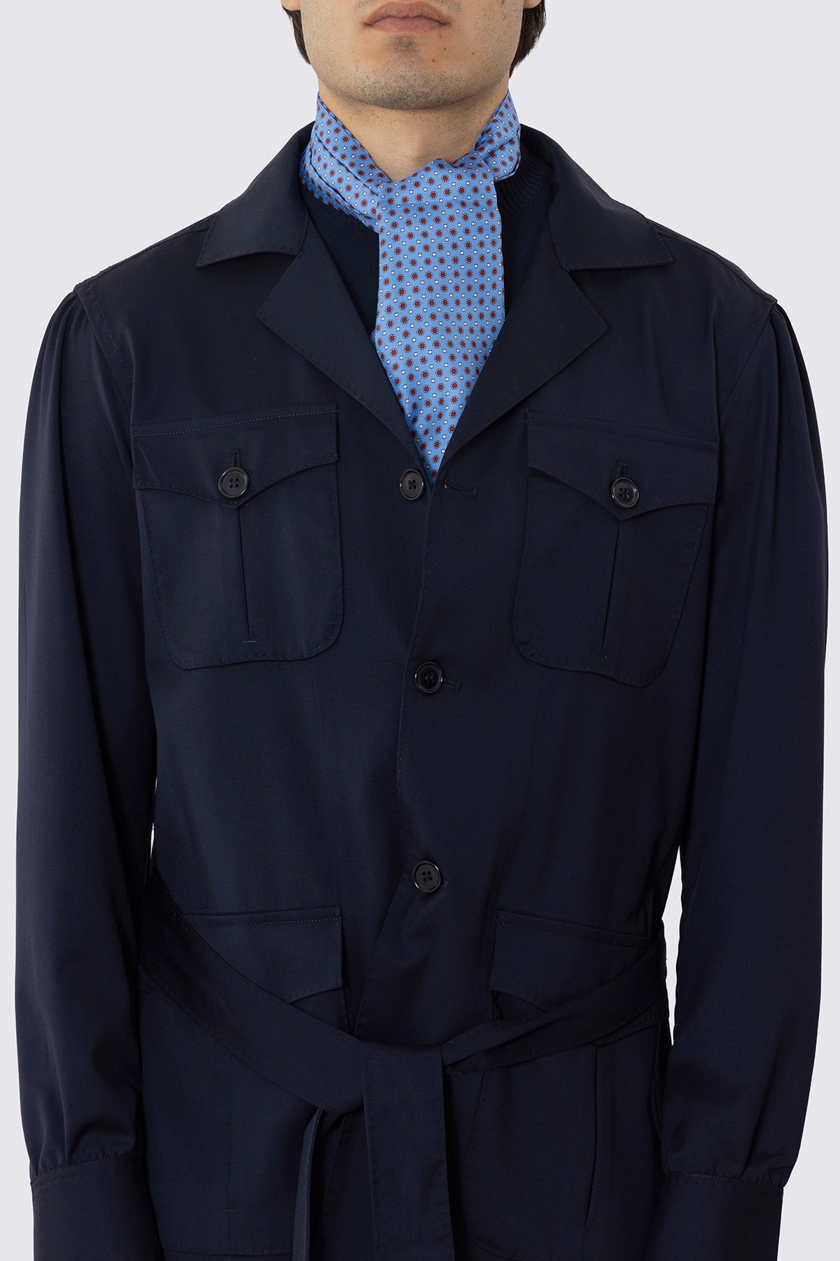 ASCOT DA UOMO CELESTE FANTASIA FIORI MULTICOLOR ROSSI E BIANCHI IN PURA SETA FATTI A MANO