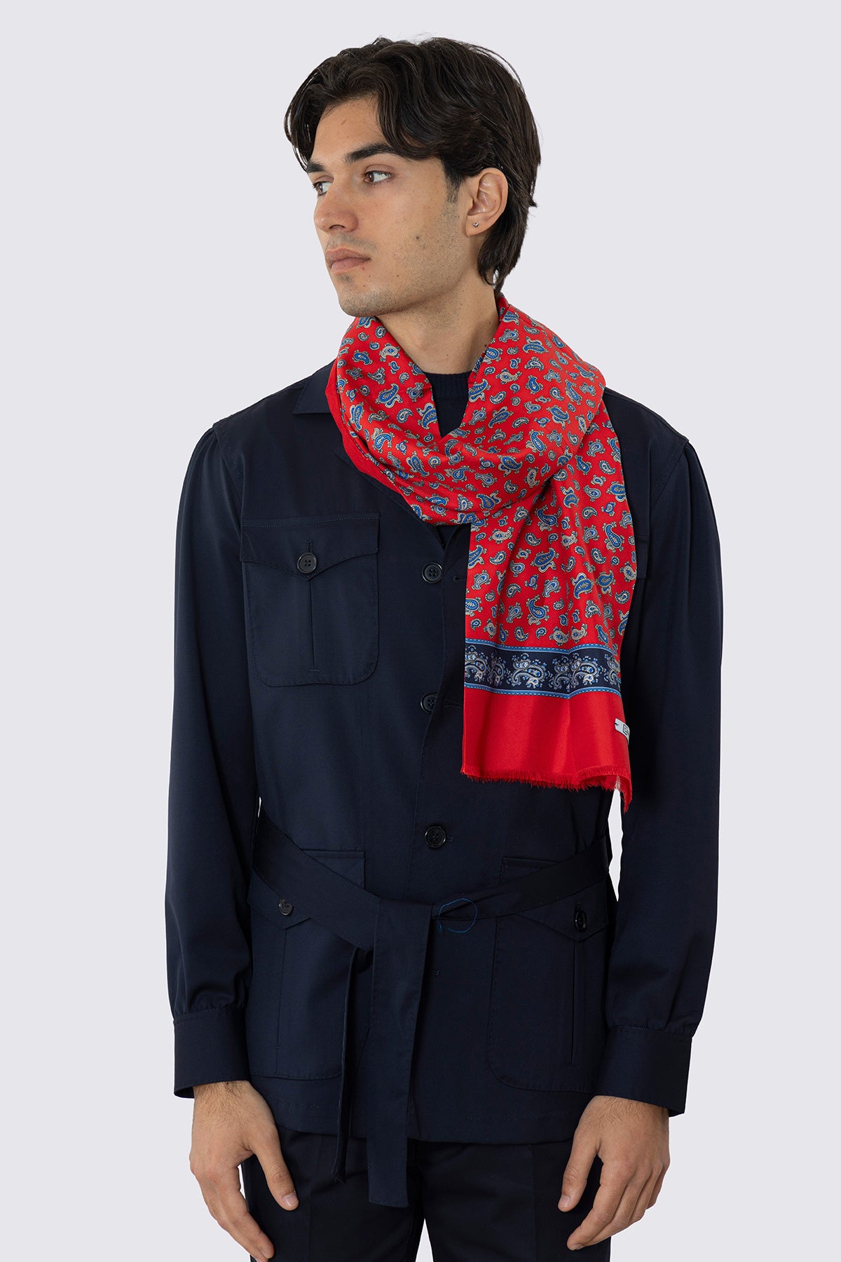 SCIARPA UOMO ROSSA REVERSIBILE IN PURA LANA E SETA FANTASIA MULTICOLOR CON FRANGE TAGLIO VIVO