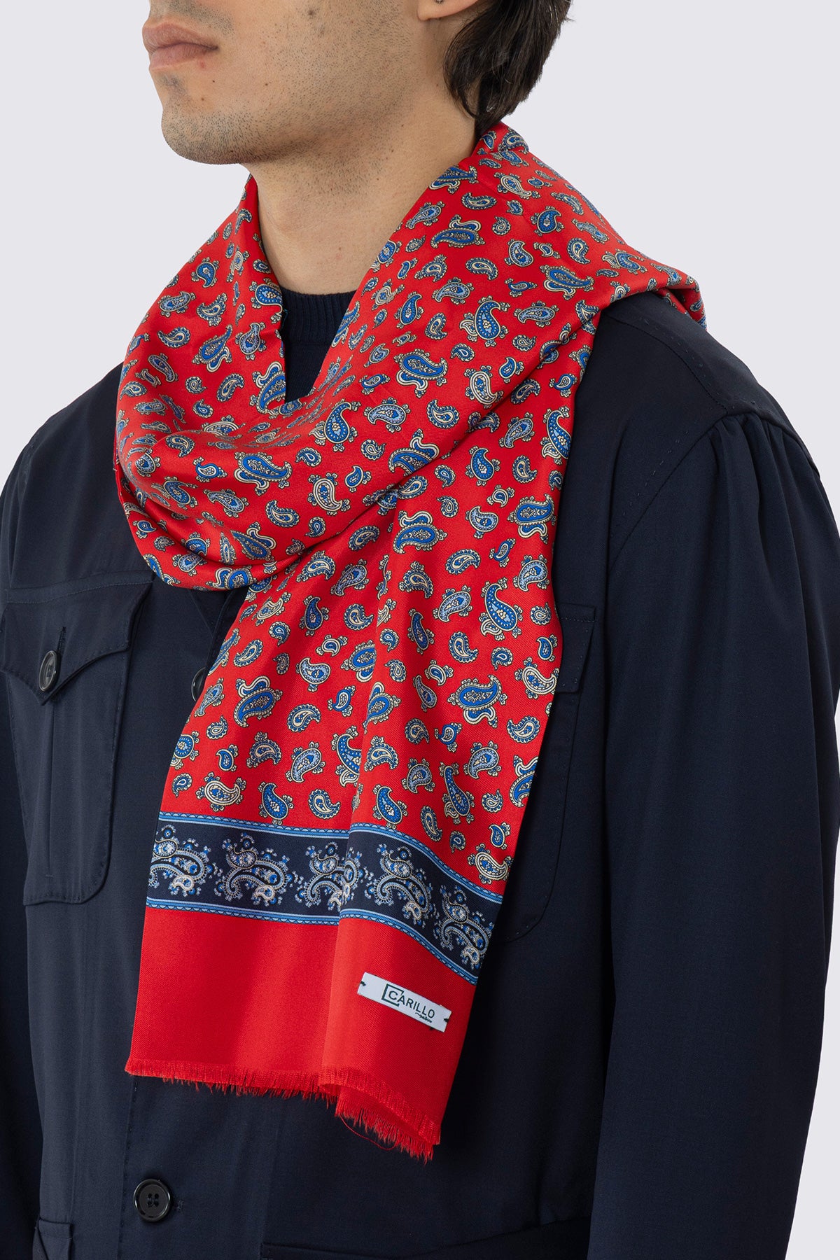 SCIARPA UOMO ROSSA REVERSIBILE IN PURA LANA E SETA FANTASIA MULTICOLOR CON FRANGE TAGLIO VIVO
