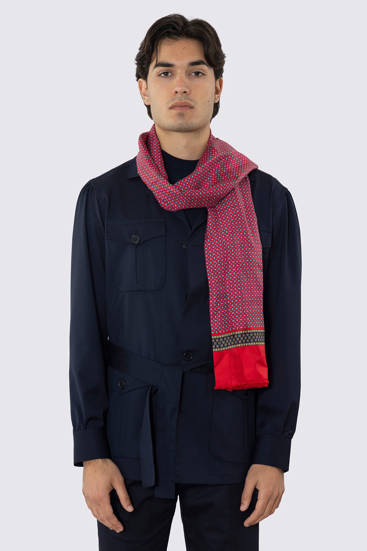 SCIARPA UOMO ROSSA REVERSIBILE IN PURA LANA E SETA FANTASIA MULTICOLOR CON FRANGE TAGLIO VIVO