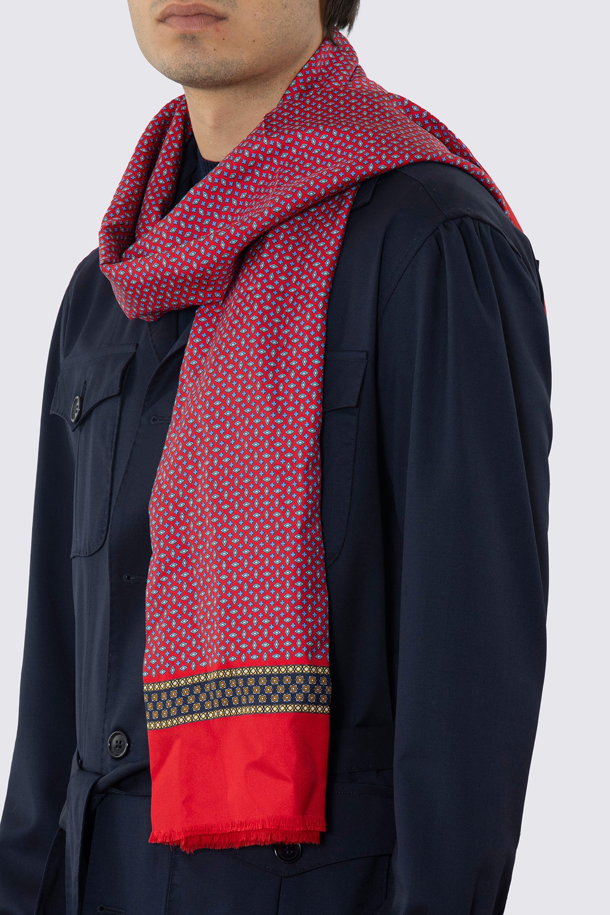 SCIARPA UOMO ROSSA REVERSIBILE IN PURA LANA E SETA FANTASIA MULTICOLOR CON FRANGE TAGLIO VIVO