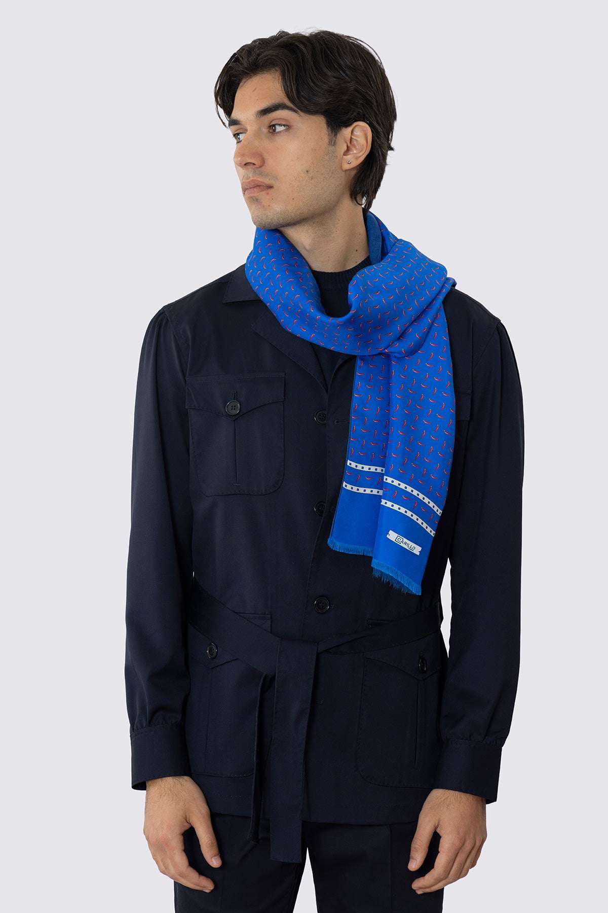 SCIARPA BLUETTE REVERSIBILE UOMO IN PURA LANA E SETA FANTASIA MULTICOLOR CON FRANGE TAGLIO VIVO