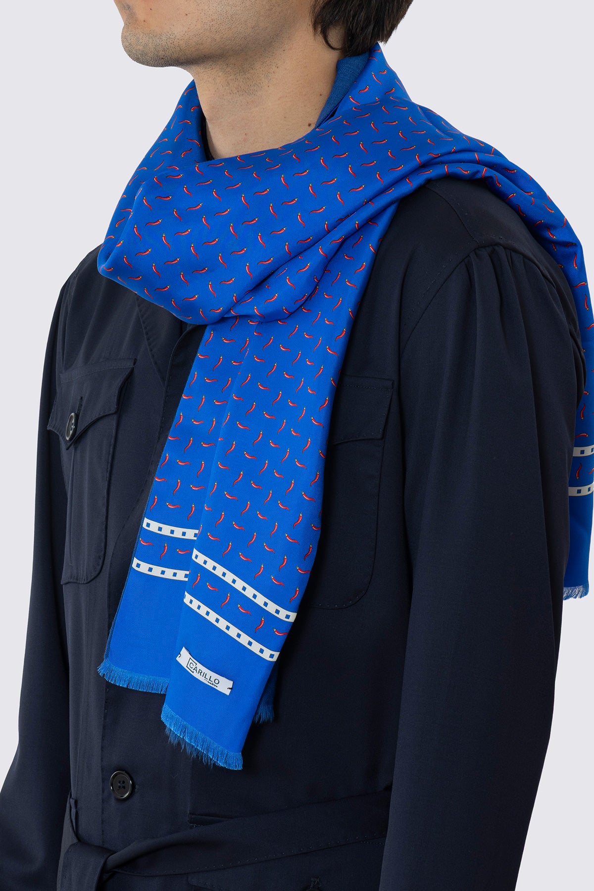 SCIARPA BLUETTE REVERSIBILE UOMO IN PURA LANA E SETA FANTASIA MULTICOLOR CON FRANGE TAGLIO VIVO