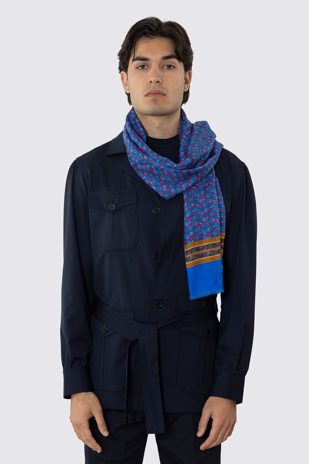 SCIARPA BLUETTE REVERSIBILE UOMO IN PURA LANA E SETA FANTASIA MULTICOLOR CON FRANGE TAGLIO VIVO