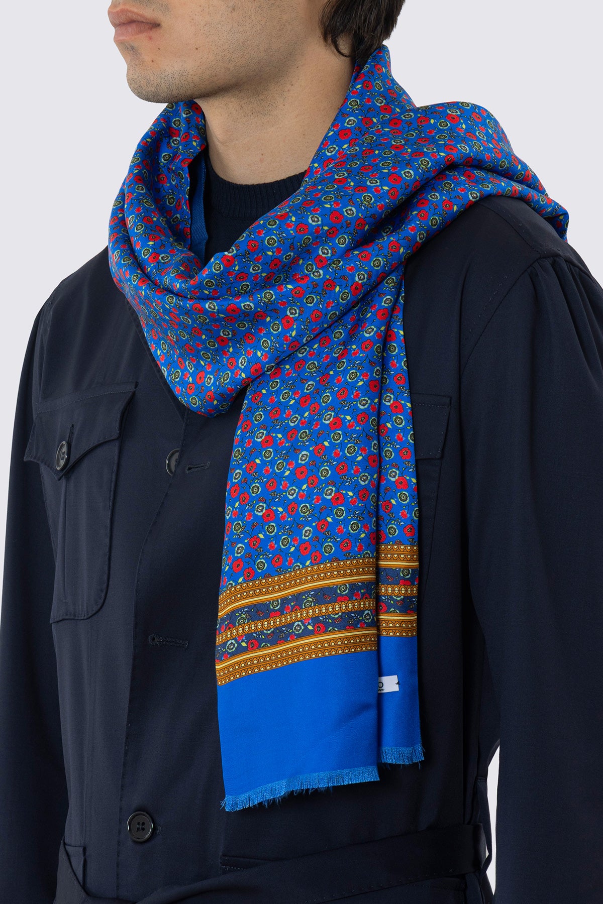 SCIARPA BLUETTE REVERSIBILE UOMO IN PURA LANA E SETA FANTASIA MULTICOLOR CON FRANGE TAGLIO VIVO