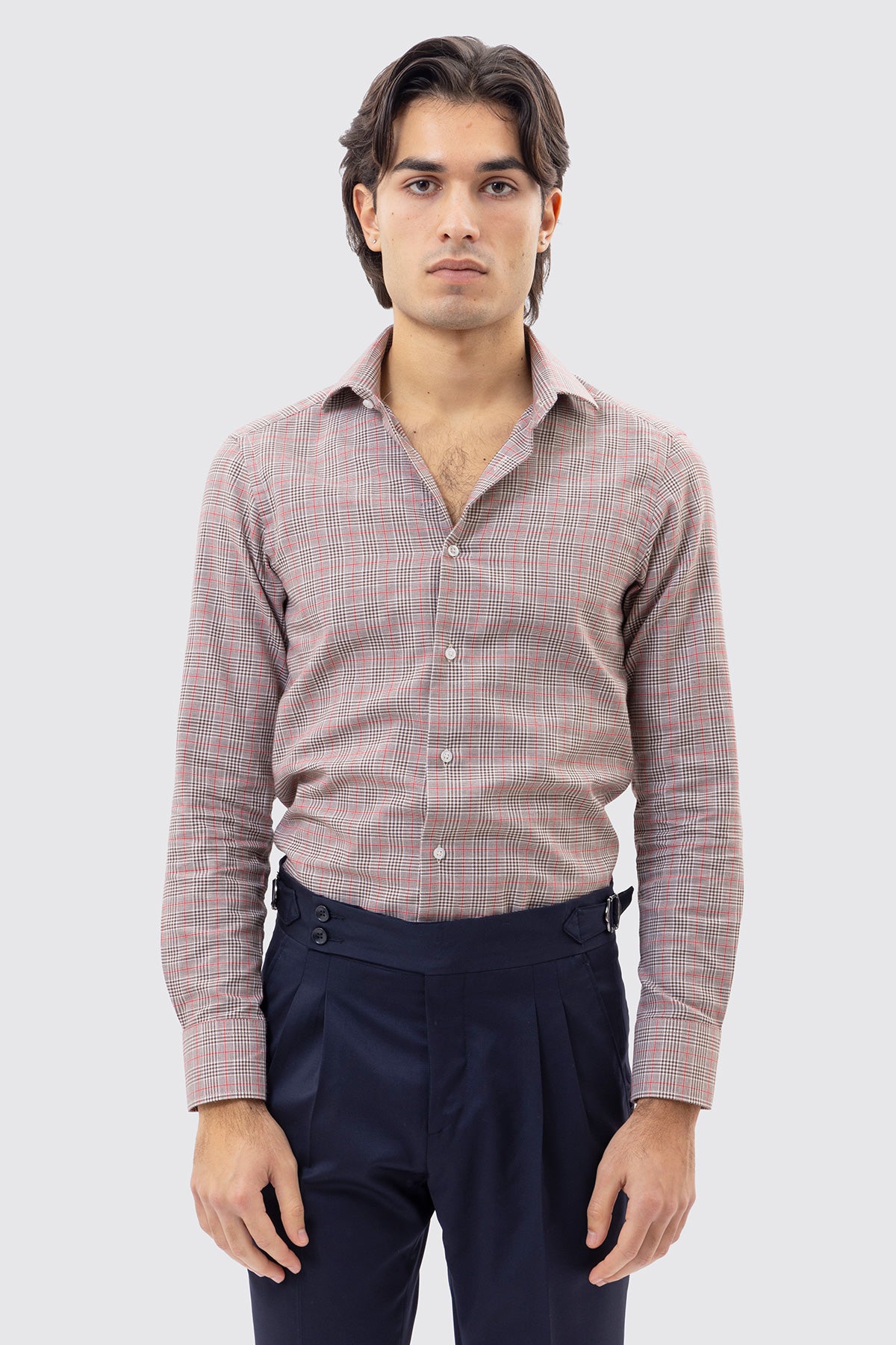 CAMICIA MARRONE FANTANTASIA GALLES SLIM FIT UOMO 100% COTONE COLLO SEMI FRANCESE POLSO SMUSSATO
