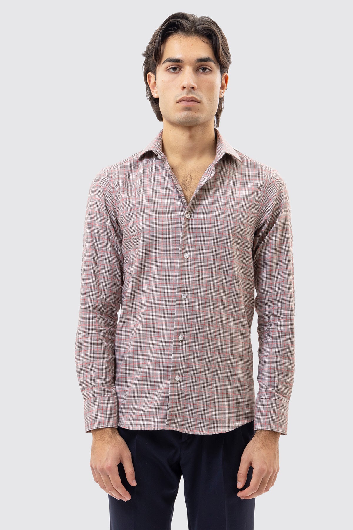 CAMICIA MARRONE FANTANTASIA GALLES SLIM FIT UOMO 100% COTONE COLLO SEMI FRANCESE POLSO SMUSSATO