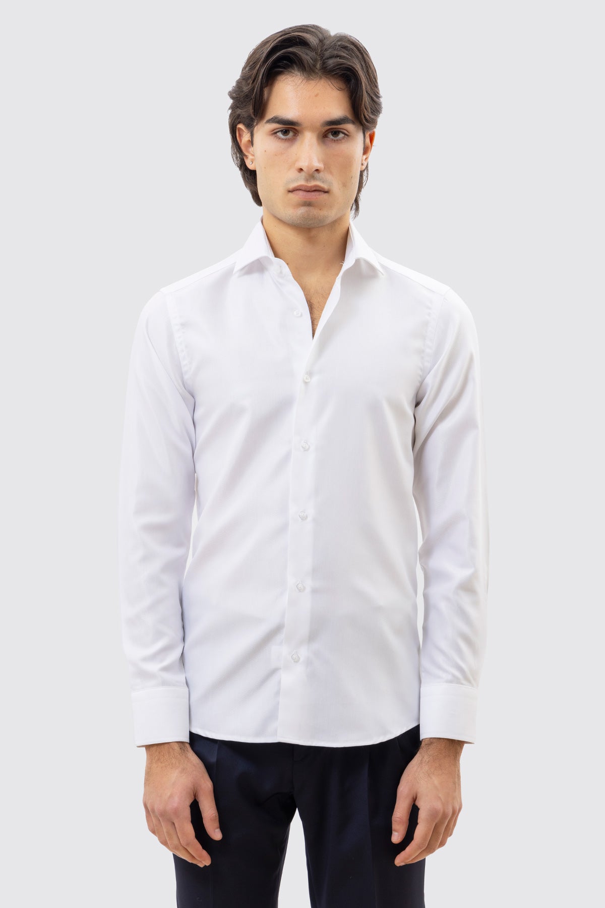 CAMICIA BIANCA RIGA DIAGONALE TONO SU TONO UOMO EFFETTO LUCIDO 100% COTONE COLLO SEMI FRANCESE POLSO SMUSSATO