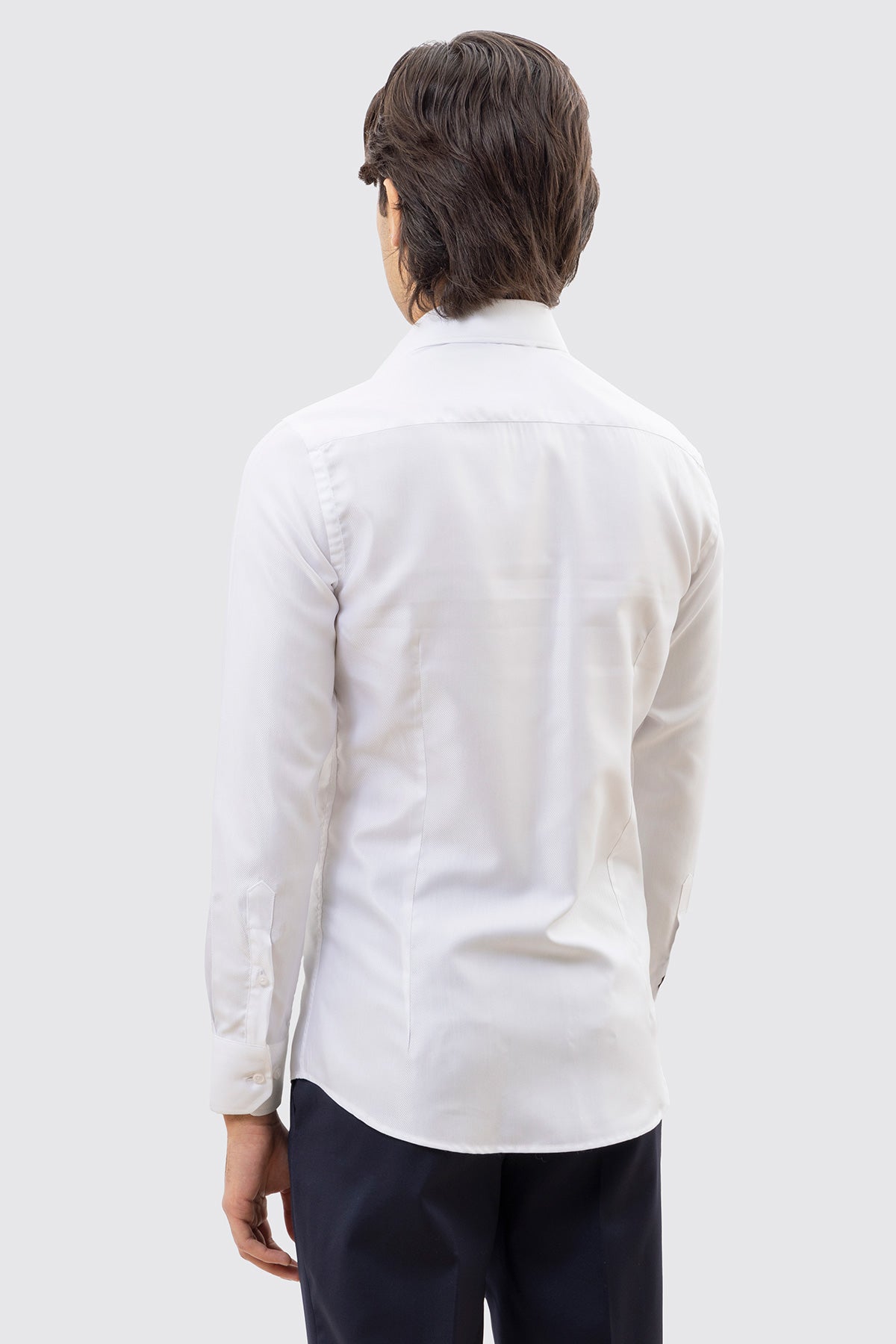 CAMICIA BIANCA RIGA DIAGONALE TONO SU TONO UOMO EFFETTO LUCIDO 100% COTONE COLLO SEMI FRANCESE POLSO SMUSSATO