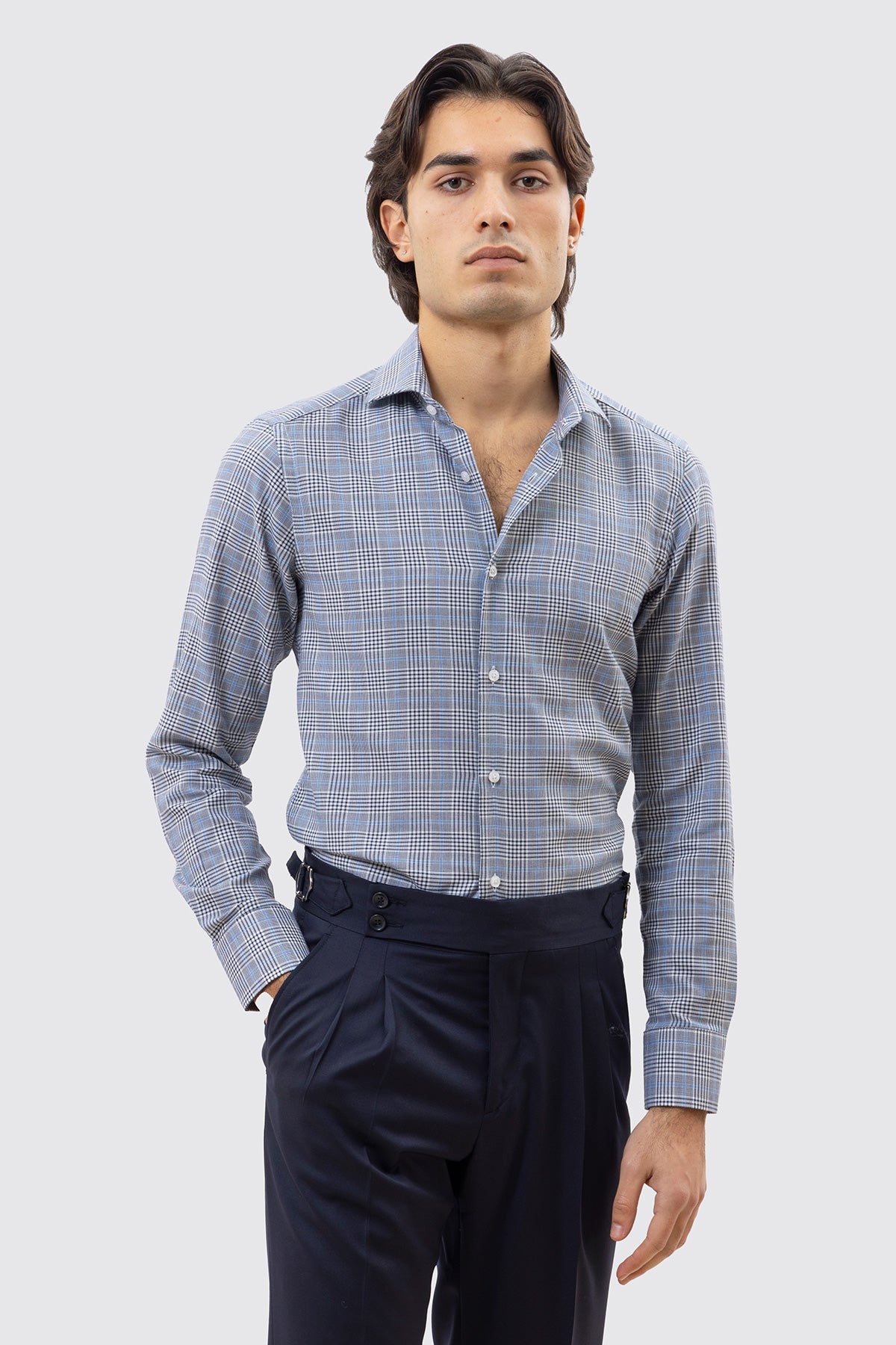 CAMICIA BLU FANTANTASIA GALLES SLIM FIT UOMO 100% COTONE COLLO SEMI FRANCESE POLSO SMUSSATO
