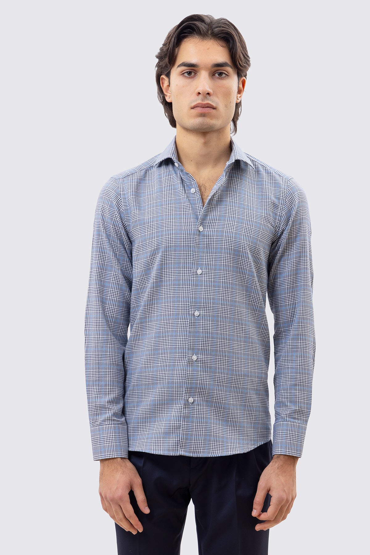 CAMICIA BLU FANTANTASIA GALLES SLIM FIT UOMO 100% COTONE COLLO SEMI FRANCESE POLSO SMUSSATO