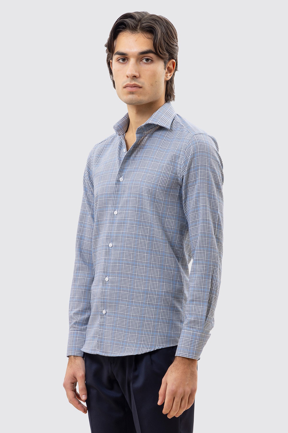 CAMICIA BLU FANTANTASIA GALLES SLIM FIT UOMO 100% COTONE COLLO SEMI FRANCESE POLSO SMUSSATO