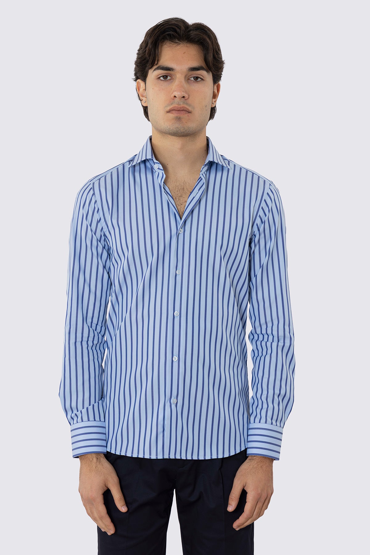 CAMICIA  AZZURRA RIGA BLU SLIM FIT 100% COTONE COLLO SEMI FRANCESE POLSO SMUSSATO MILETA TESSUTI