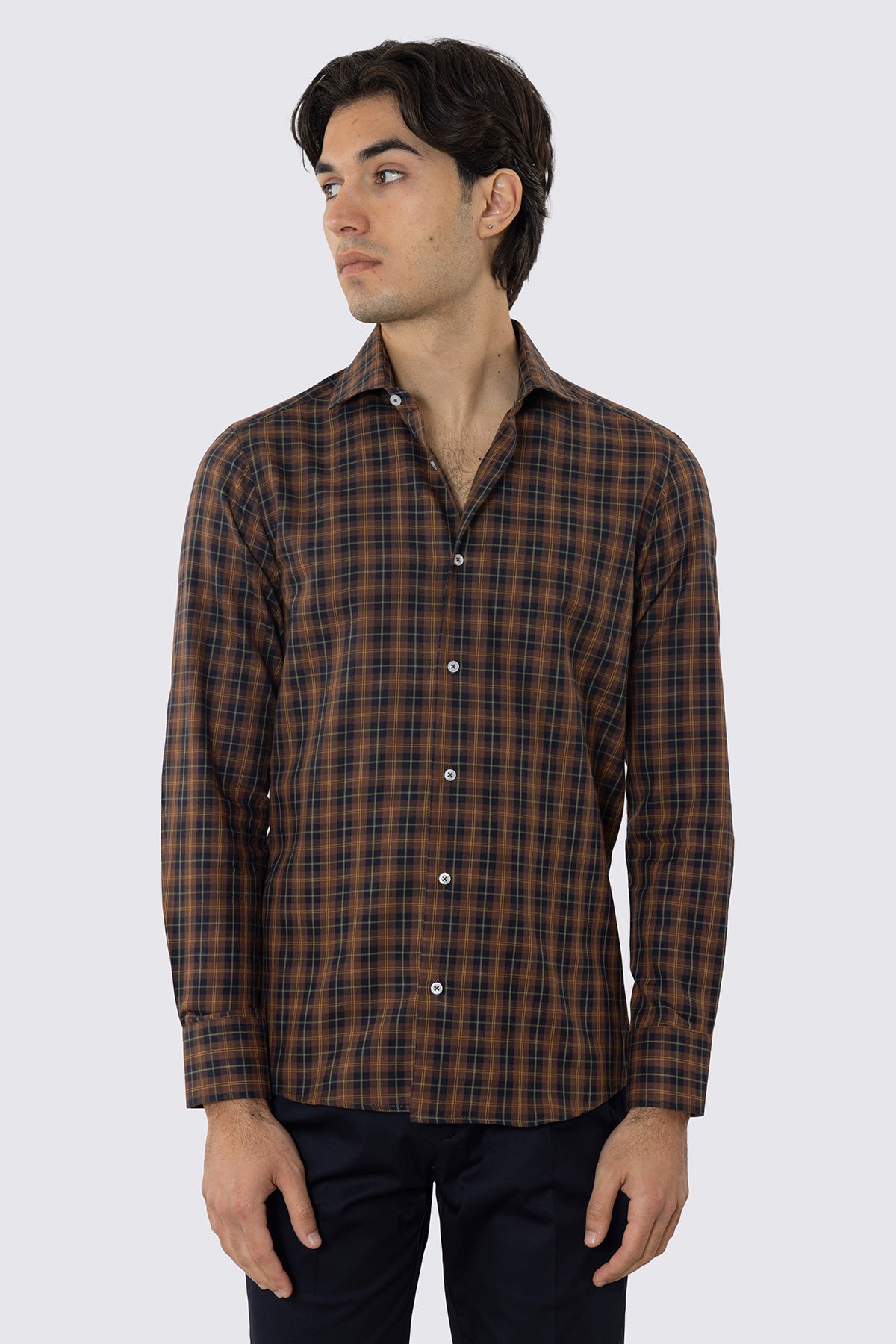 CAMICIA MARRONE FANTANTASIA GALLES SLIM FIT UOMO 100% COTONE COLLO SEMI FRANCESE POLSO SMUSSATO