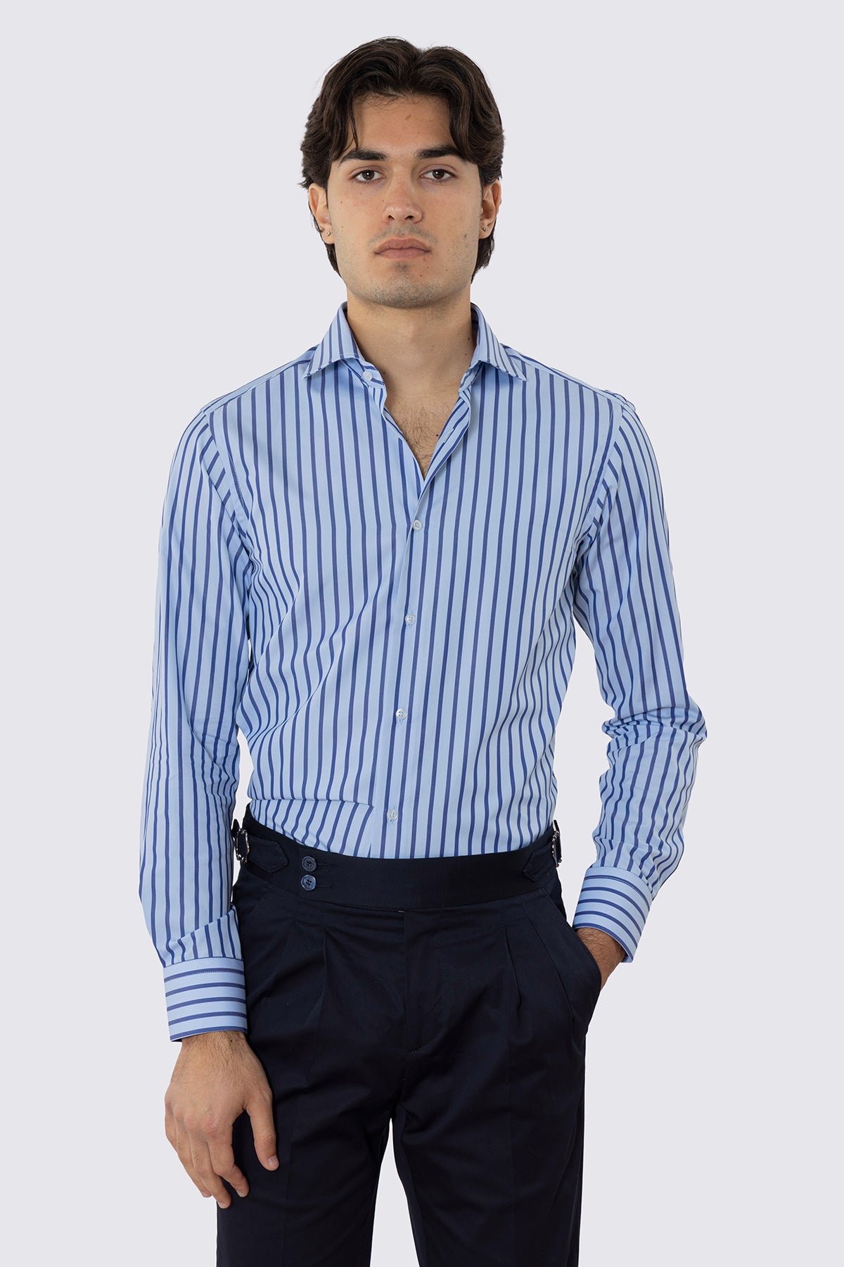 CAMICIA  AZZURRA RIGA BLU SLIM FIT 100% COTONE COLLO SEMI FRANCESE POLSO SMUSSATO MILETA TESSUTI