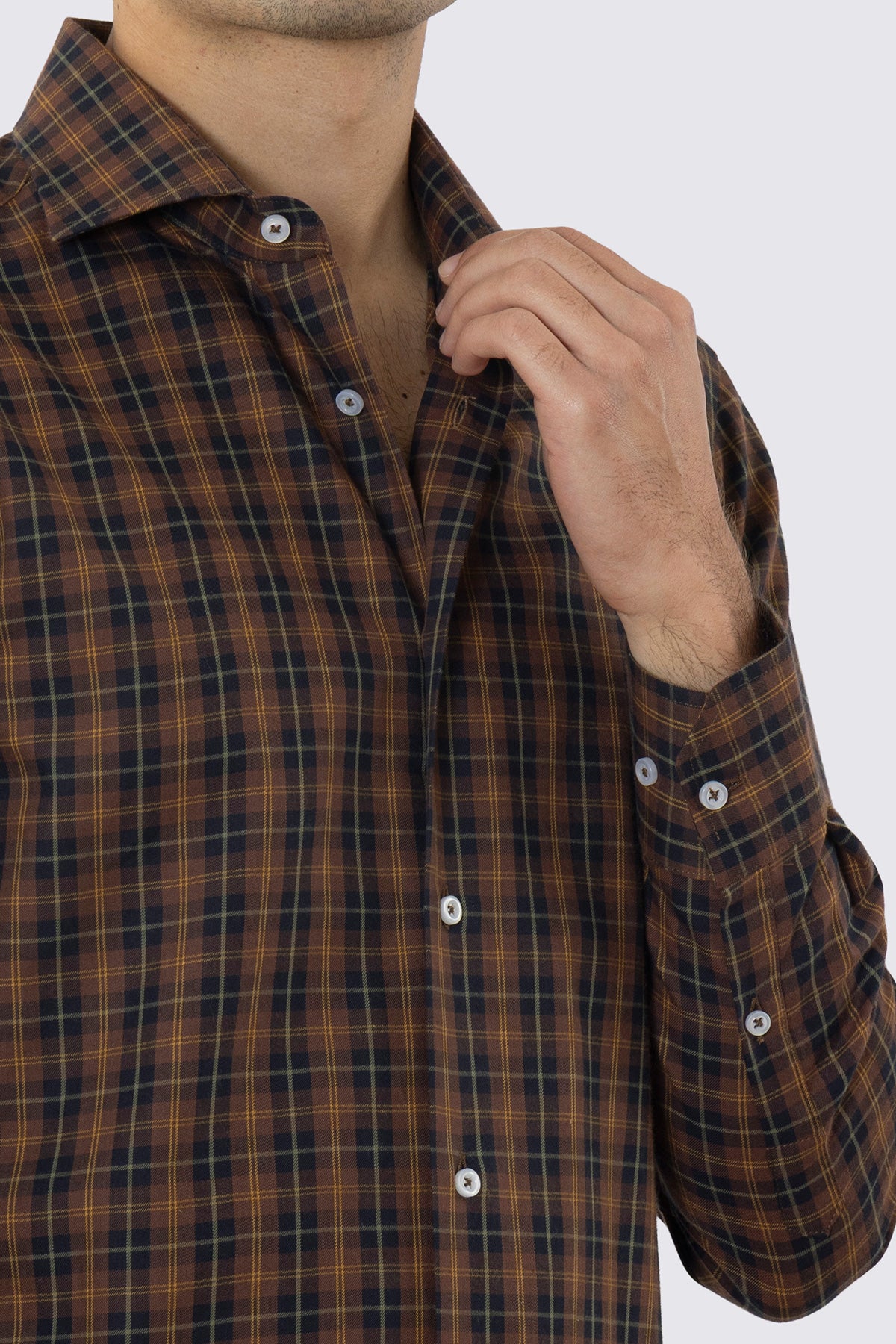 CAMICIA MARRONE FANTANTASIA GALLES SLIM FIT UOMO 100% COTONE COLLO SEMI FRANCESE POLSO SMUSSATO