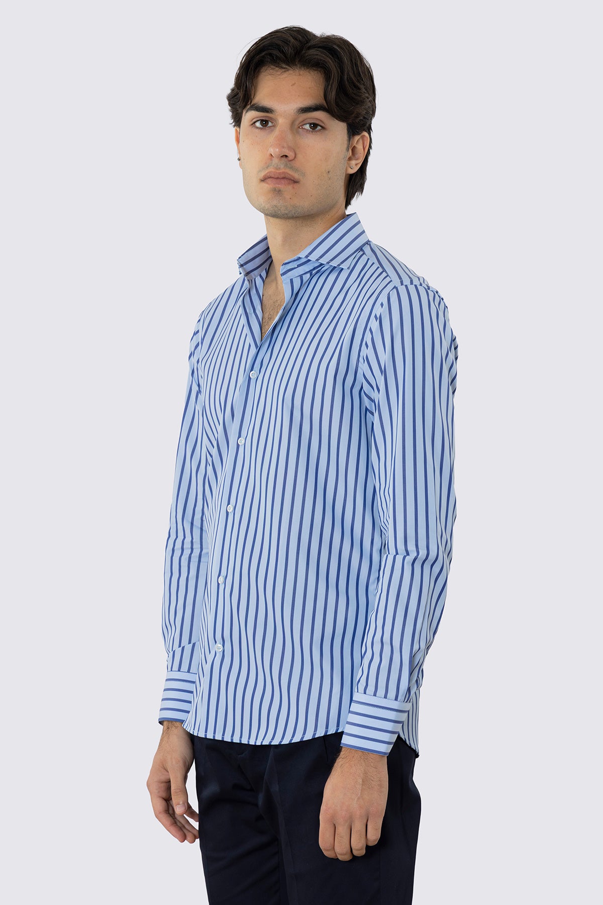 CAMICIA  AZZURRA RIGA BLU SLIM FIT 100% COTONE COLLO SEMI FRANCESE POLSO SMUSSATO MILETA TESSUTI