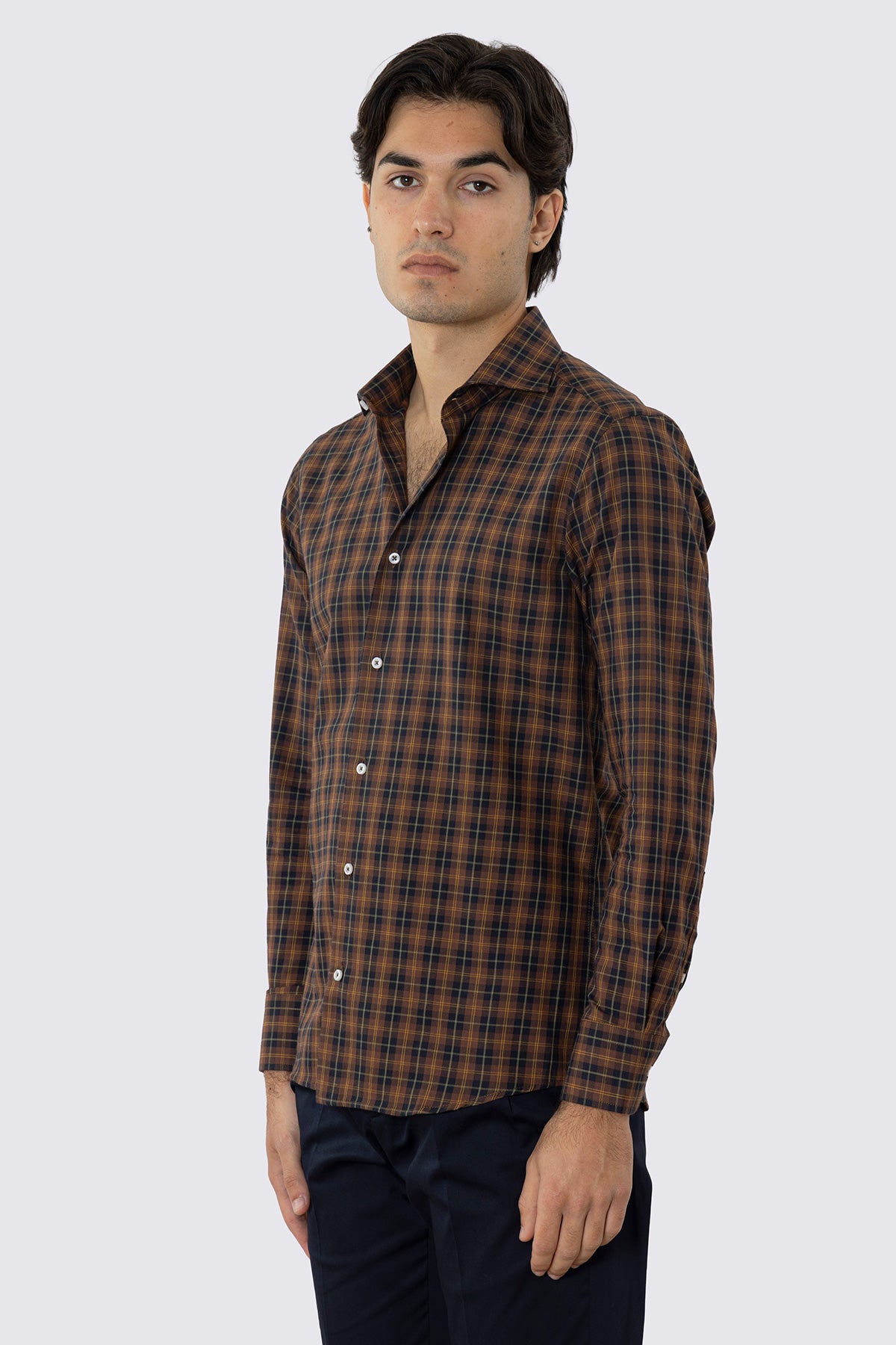 CAMICIA MARRONE FANTANTASIA GALLES SLIM FIT UOMO 100% COTONE COLLO SEMI FRANCESE POLSO SMUSSATO