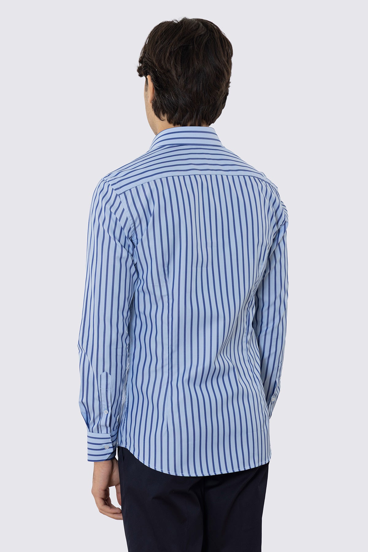 CAMICIA  AZZURRA RIGA BLU SLIM FIT 100% COTONE COLLO SEMI FRANCESE POLSO SMUSSATO MILETA TESSUTI