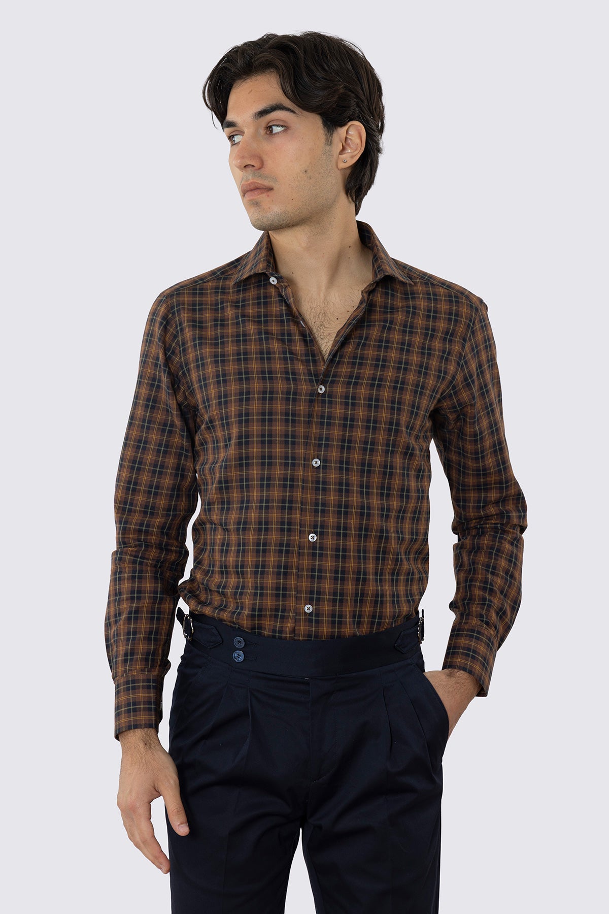 CAMICIA MARRONE FANTANTASIA GALLES SLIM FIT UOMO 100% COTONE COLLO SEMI FRANCESE POLSO SMUSSATO